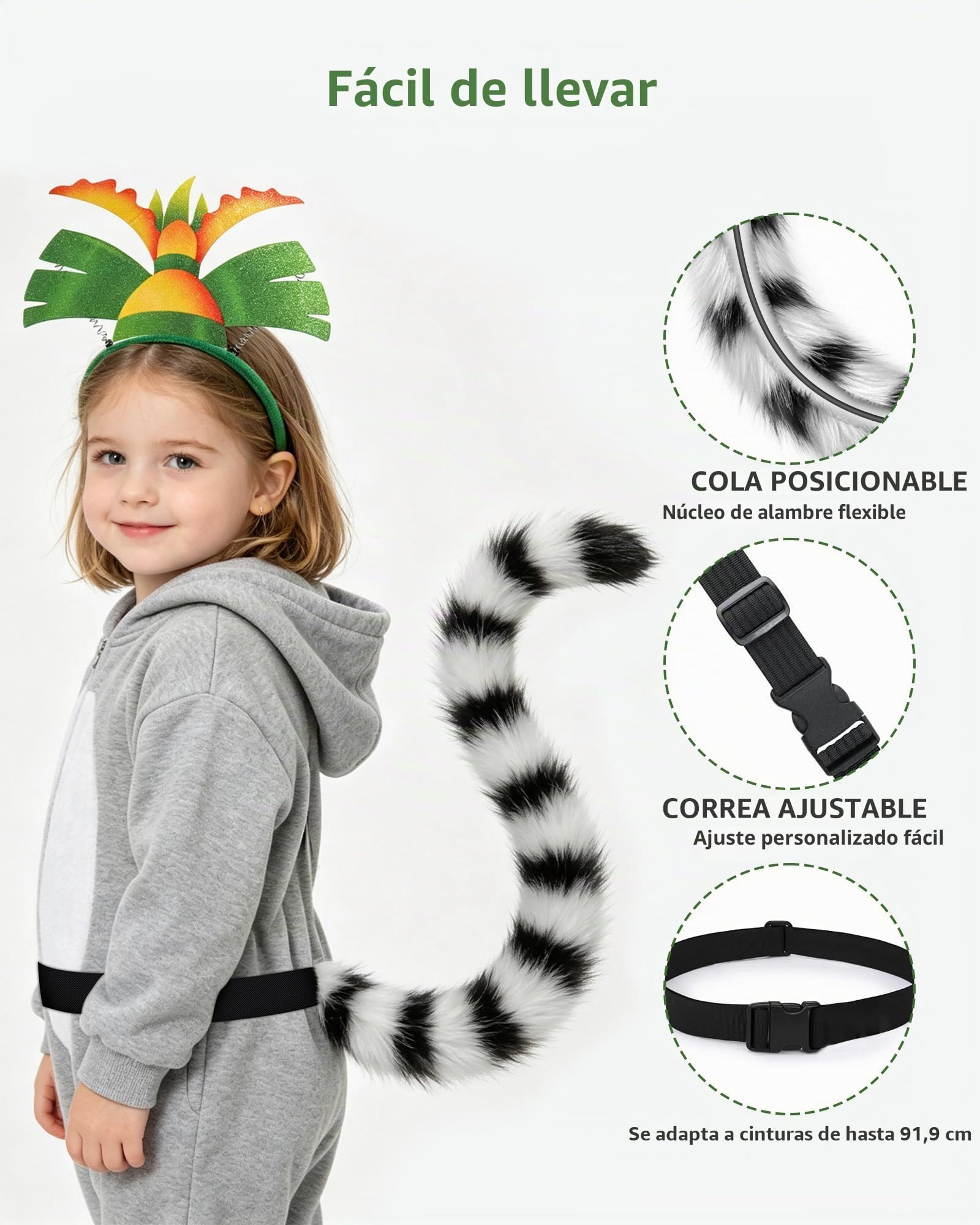 Roicaholy Juego de orejas y cola de lémur, accesorio de cosplay de lémur, cola de piel sintética esponjosa, diadema de orejas de animales para fiesta de Halloween