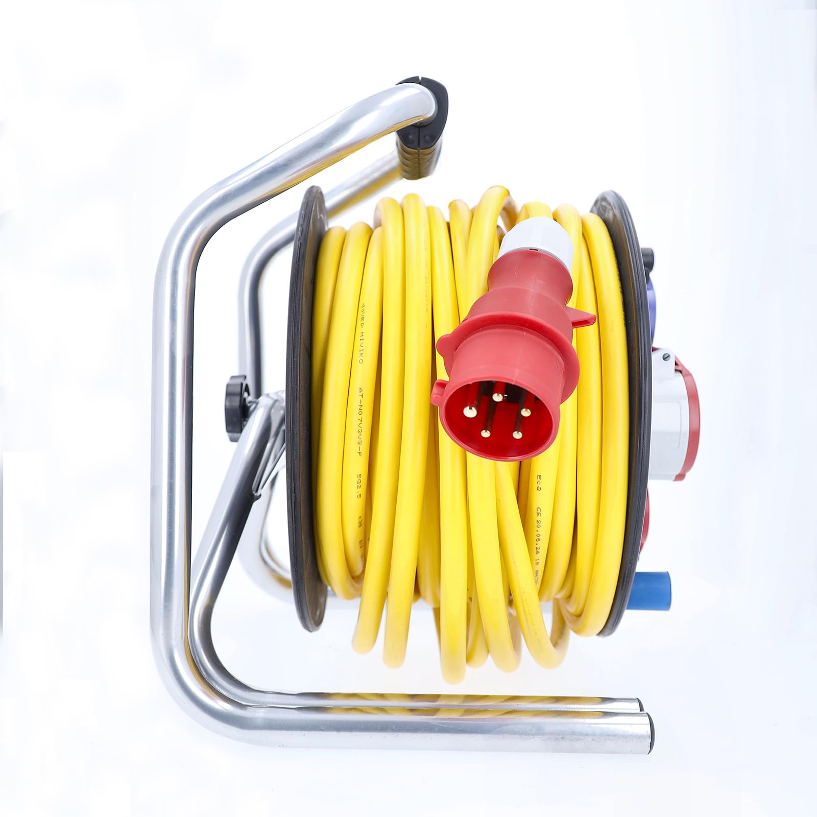as - Schwabe avvolgicavo CEE 33 m AT-N07V3V3 F 5G2,5 giallo, esterno IP44, spina CEE 16A 5 poli, prese CEE e SEV, interruttore termico di protezione, gomma dura, molto robusto, Made in Germany