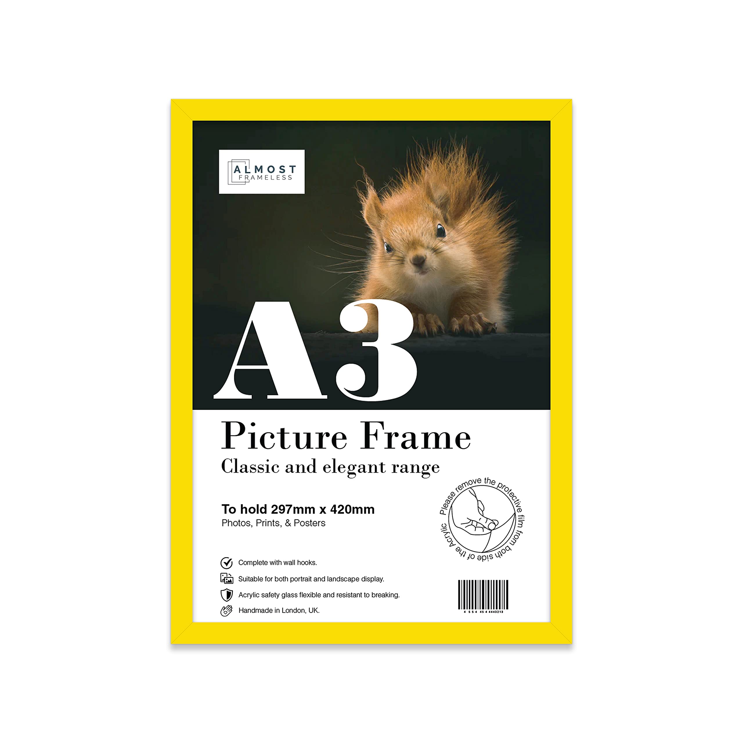 A3 Yellow Picture Frame, Fits A3 (29.7 x 42cm - 11.7 x 16.5in) Poster, Photo, or Print. Portrait and Horizontal Wall Hooks