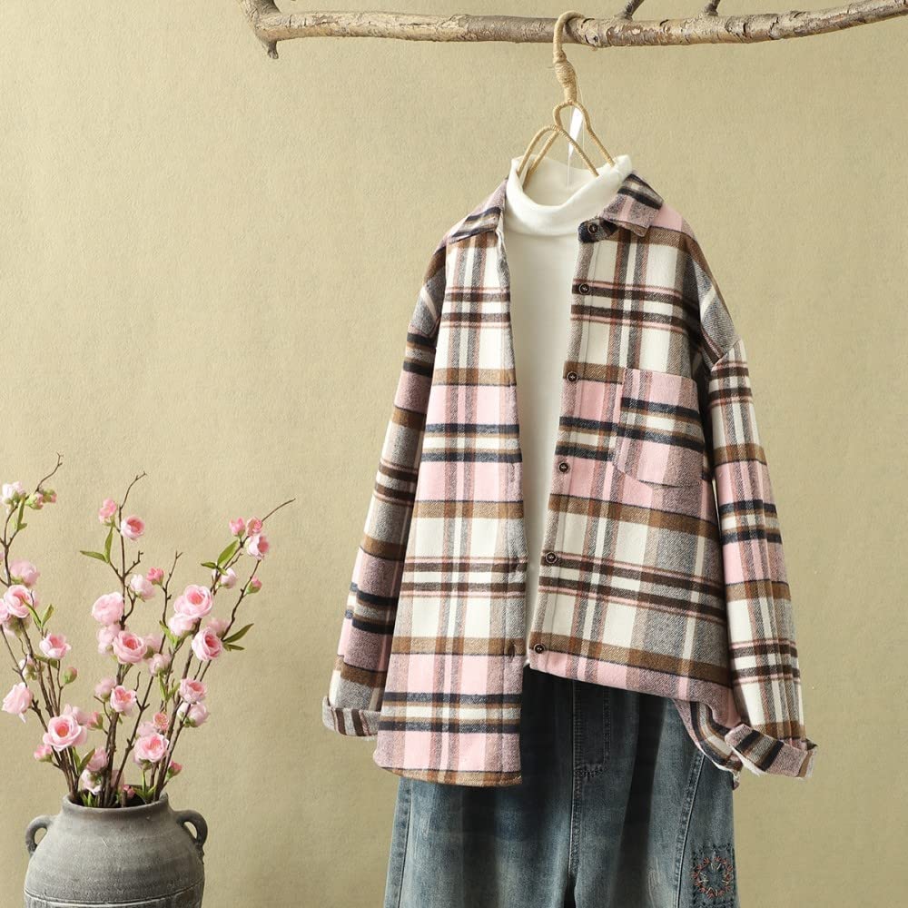 MIDJ Blusen Damen,Damenbluse Baumwolle Sherpa Vintage Dickes Kariertes Hemd Hellrosa Langarmhemd Schickes Button-Down-Revershemd Leichte Jacke Holzfällerhemd Geschenke
