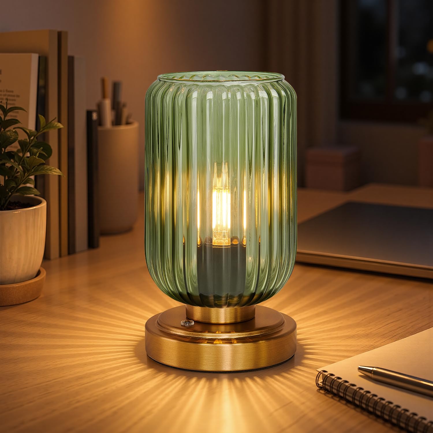 Photo 1 of LightRound Cordless Table Lamp, Green Glass, Brushed Gold Base, Stepless Dimming
