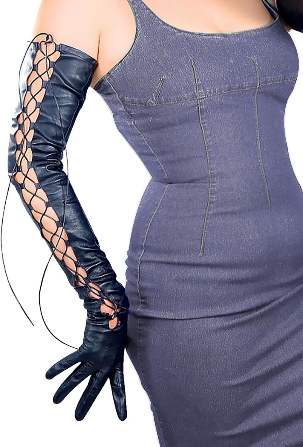 DooWay Genuine Leather Lace UP Gloves Women Touchscreen Extra Long Soft Lambskin Leather Steampunk Costume Dancing Black 28 inches