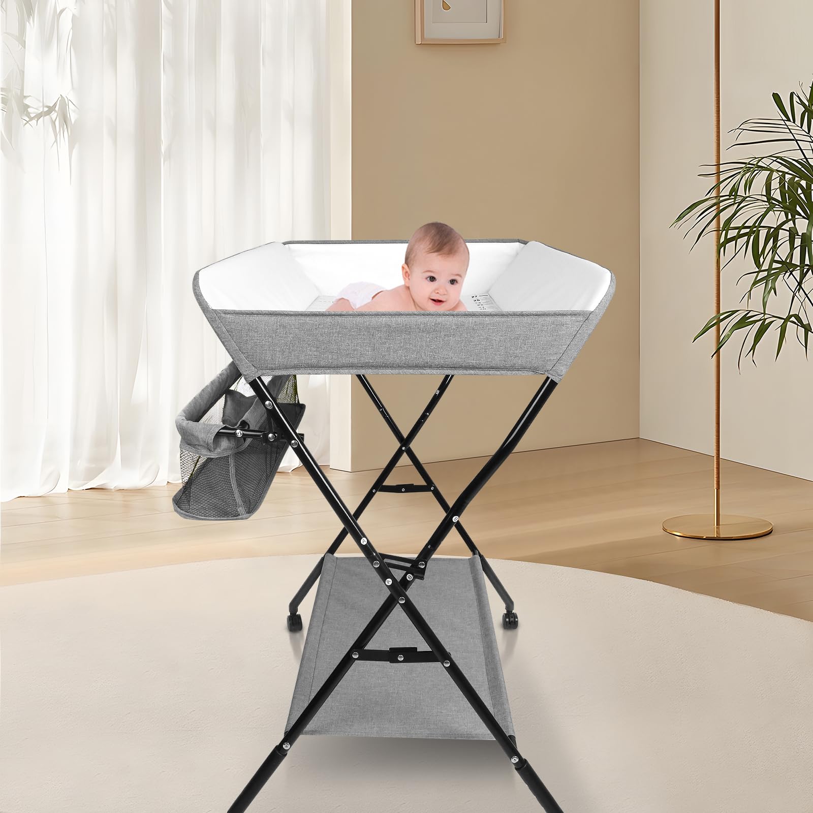 WODFARR - Mesa cambiador plegable con cesta de almacenamiento, mesa de pañuelos, plegable y portátil, tela de PVC+Oxford impermeable, ajuste de altura a 4 velocidades, B-gris
