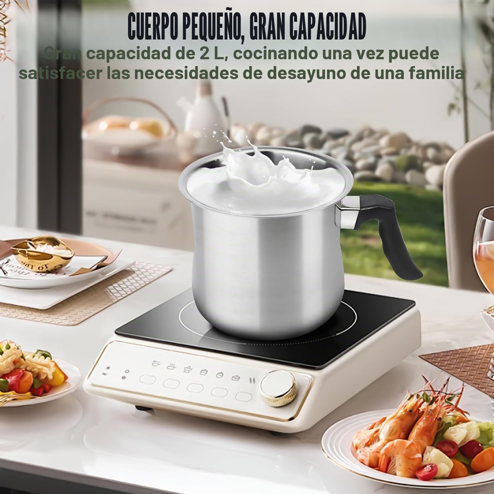Olla para leche de acero inoxidable de 2 litros, de doble pared, para inducción, con mango de plástico antideslizante, color plateado de gran calidad, para calentar leche en baño maría, olla de acero