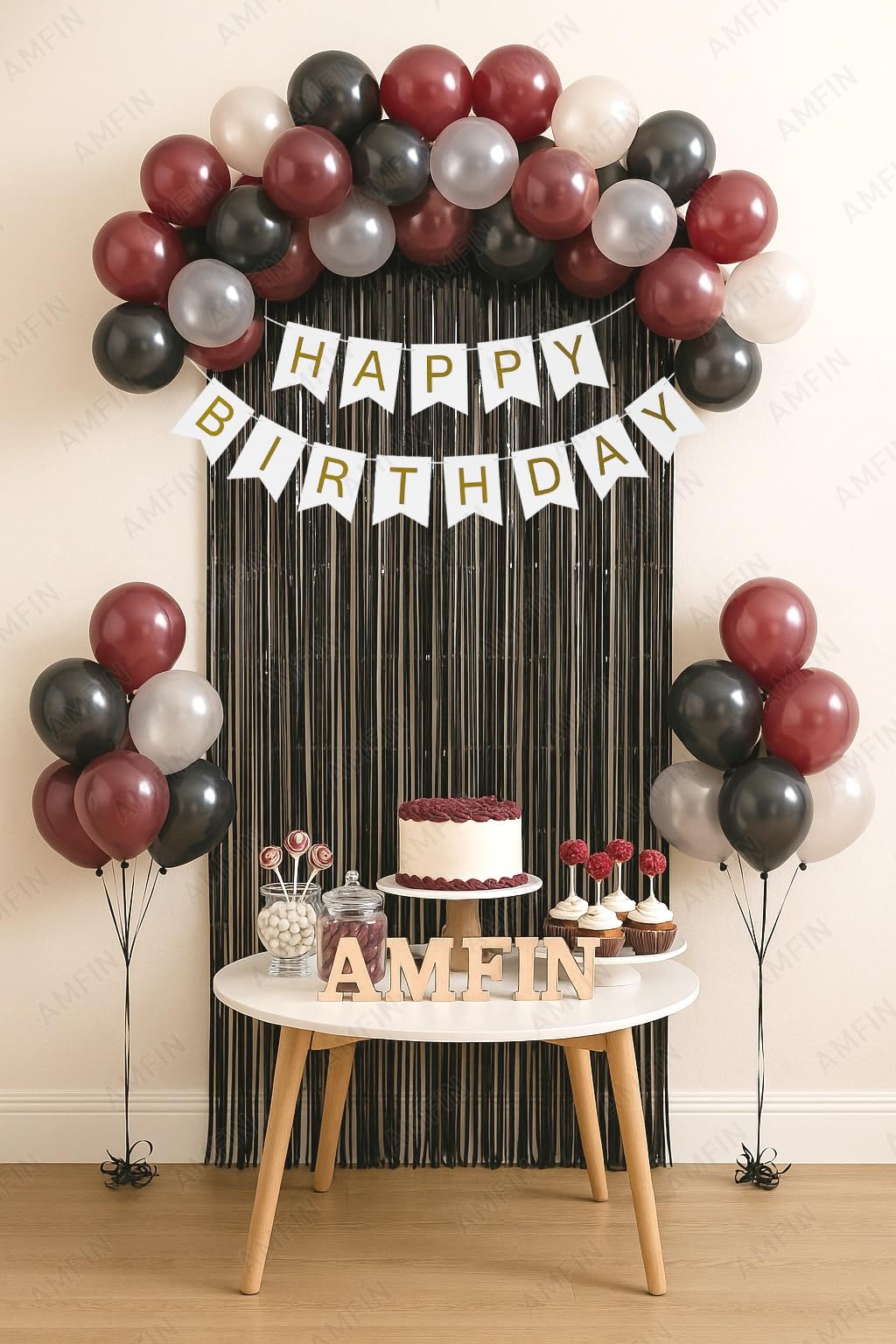 AMFIN (Pack of 34) Backdrop Bliss Birthday Decoration DIY Kit with Balloons, Fringe Curtain and Banner - White, Black & Burgundy-picture-14