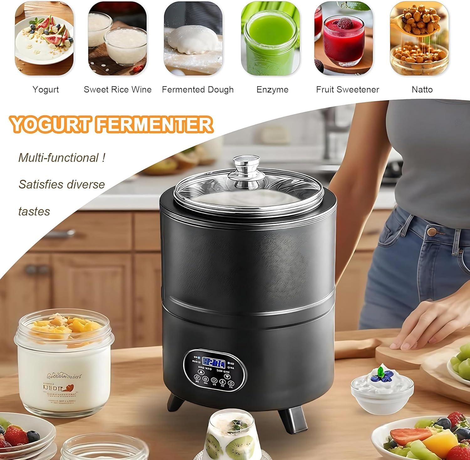 Maszyna do jogurtu 8L/12L, stal nierdzewna z wyświetlaczem LED i timerem, sitko do jogurtu greckiego i naturalnego, ser, natto, słodkie ryżowe wino black 12L