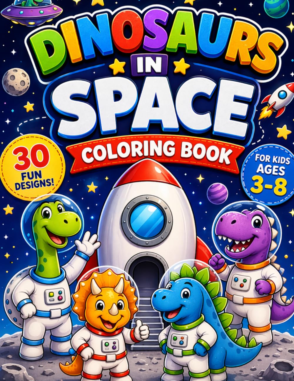 Dinosaurs in space coloring book: 30 Fun Dinosaur Space Adventures for Kids Ages 3-8 | Easy and Exciting Coloring Pages for Little Explorers