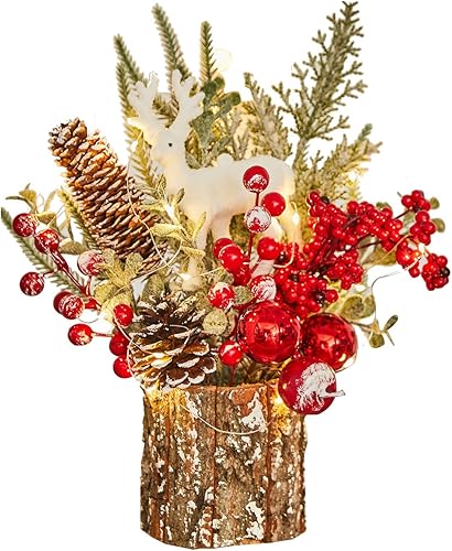 Árbol de Navidad pequeño con luces Mini árbol de Navidad artificial iluminado con adornos de Navidad, gnomos interiores para oficina, escritorio,