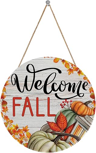 Letrero de puerta con texto en inglés Hello Fall decoración rústica de otoño para el hogar, letrero redondo de pared de 11.8 pulgadas, decoración de