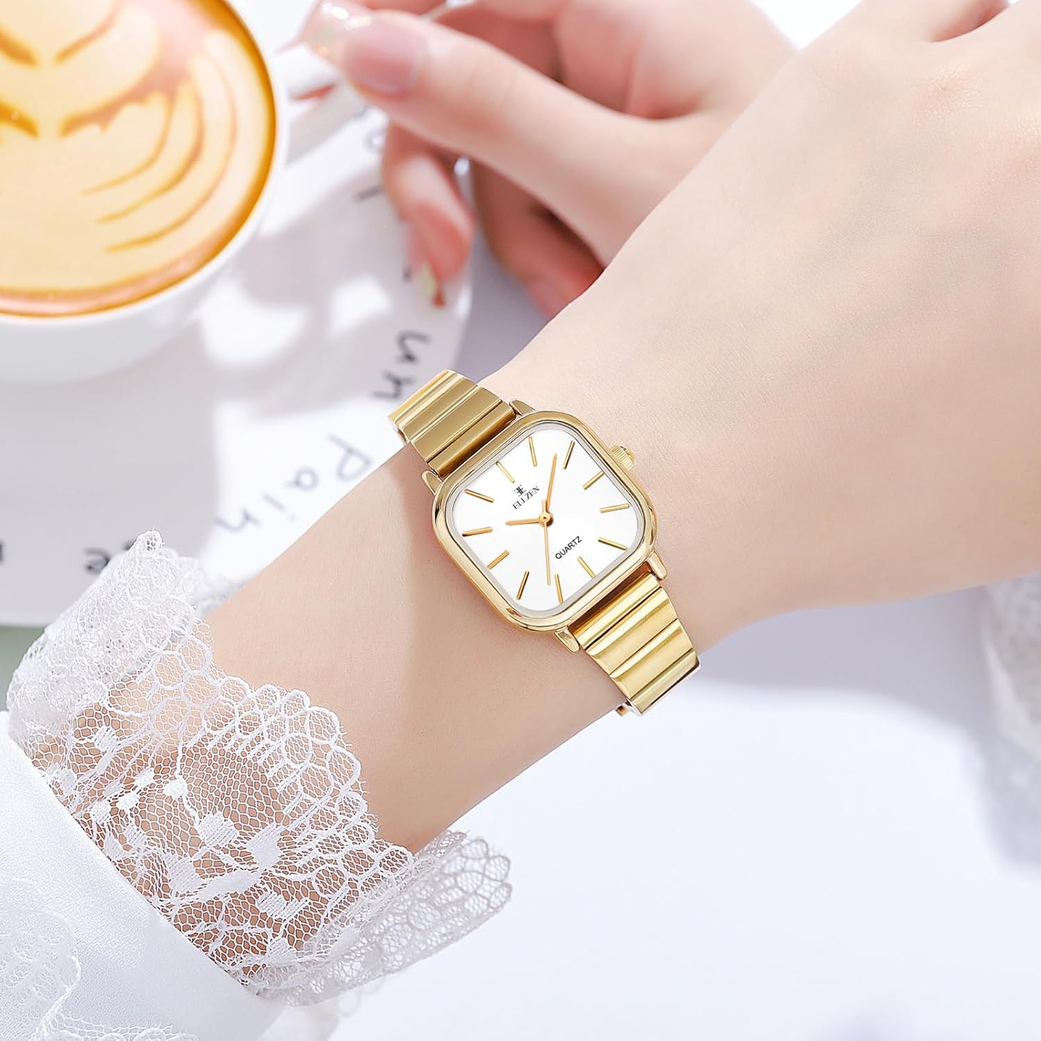 Gold Watches for Women with Small Vintage Bracelet, Rectangular Case