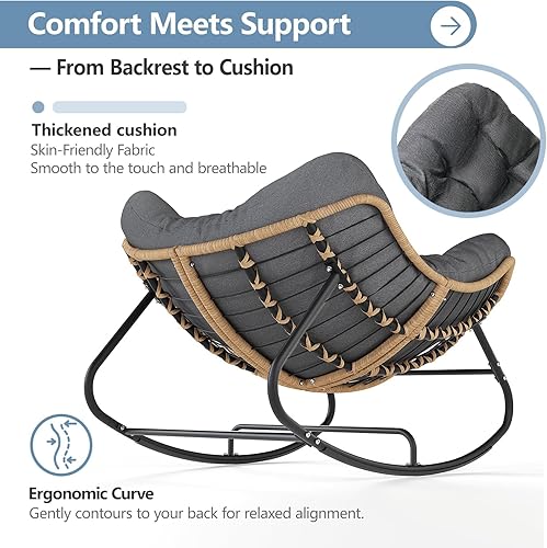 Vista 6 de SWITTE Mecedora para exteriores, de gran tamaño, para patio, cómoda sala de lectura de mimbre, silla de huevo interior para dormitorio, sala de Gris