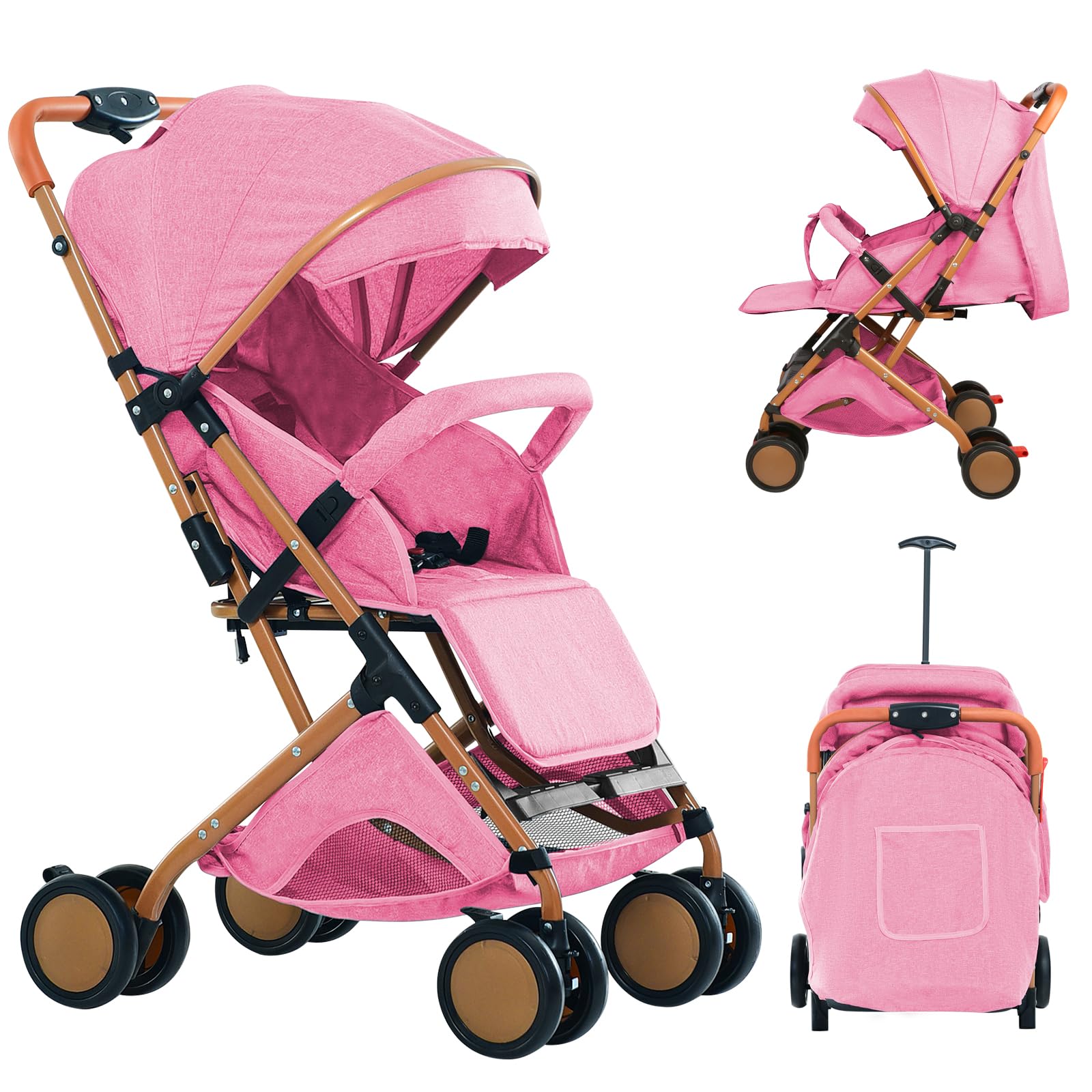 Passeggino Canne leggero e compatto, regolazione dello schienale fino alla posizione sdraiata, 45x71x98 cm, seduto/sdraio/spingere/tirare, zanzariera in cotone rosa