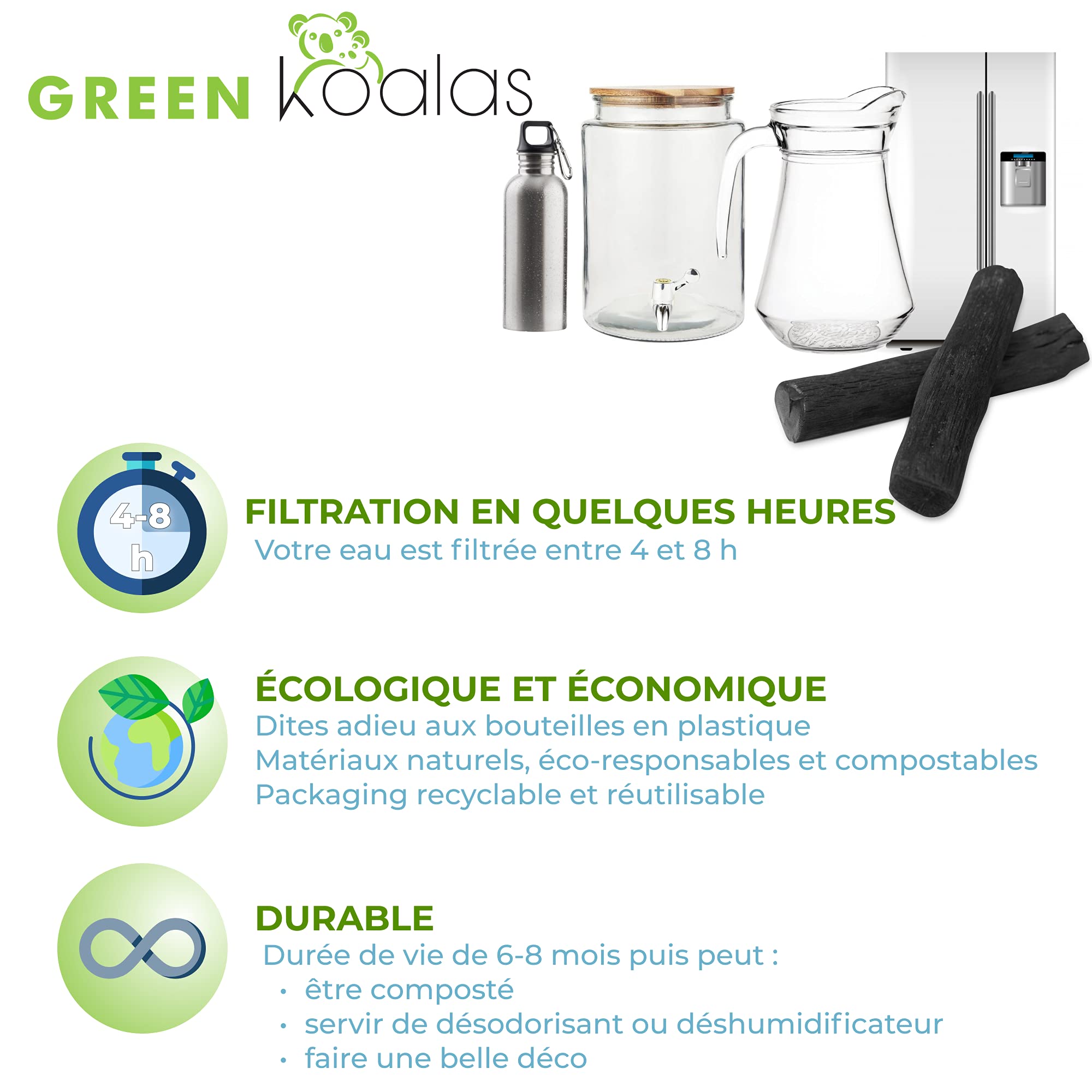 BINCHOTAN de KISHU X4 (160 g) Charbon Actif Purificateur eau robinet Filtre naturel bio pour Carafe Bouteille Fontaine à eau Gourde