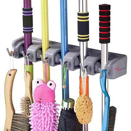 ROMINO Broom Holder Wall Mounted for Bathroom, Magic Holder Broom and Mop Organizer Storage 5 Slot Position with 6 Hanging Hooks for Kitchen,Garden and Garage (Standard Size, Grey, Pack of 1)