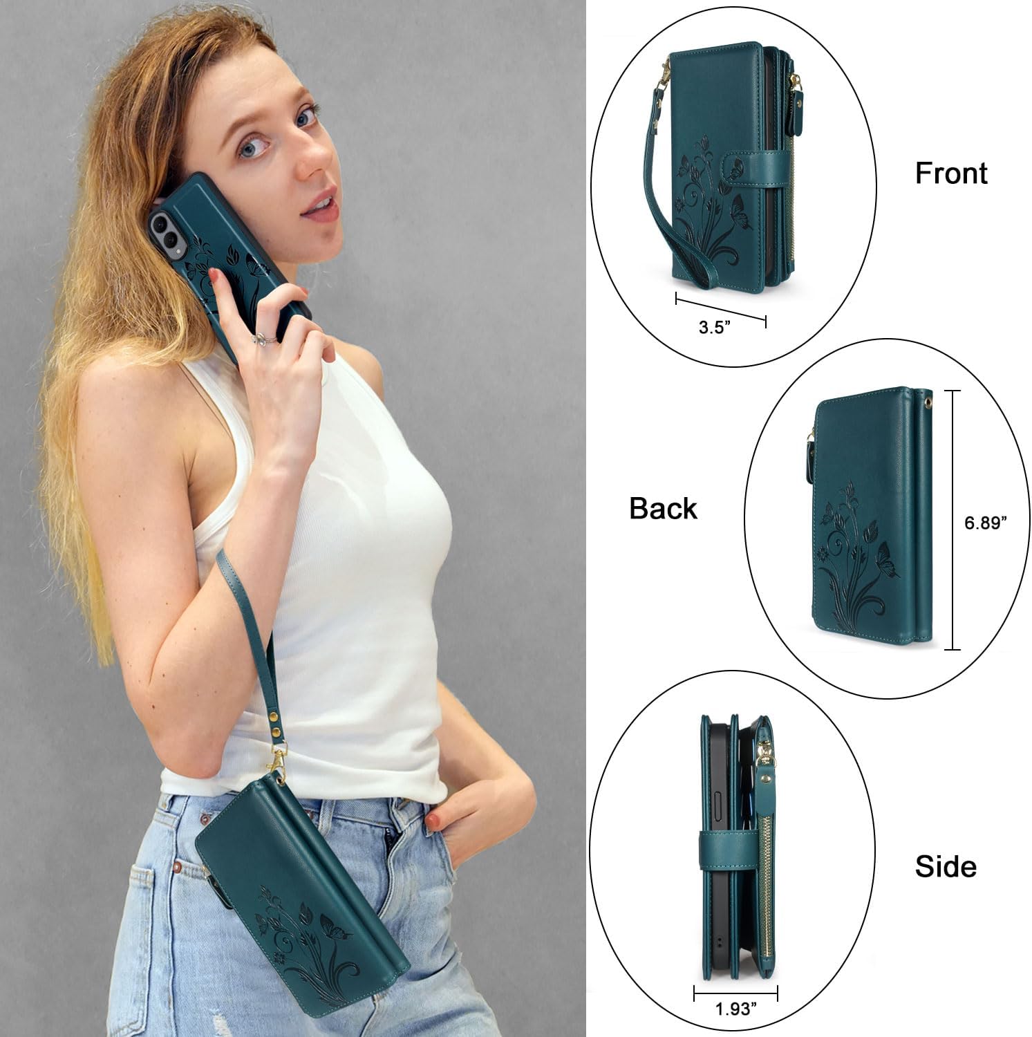 Lacass Case Wallet for Samsung Galaxy S25 Edge, [12 Card Slots] ID Credit Cash Holder Zipper Pocket Detachable Leather Wallet Cover with Wrist Strap Lanyard（Floral Cyan Green）