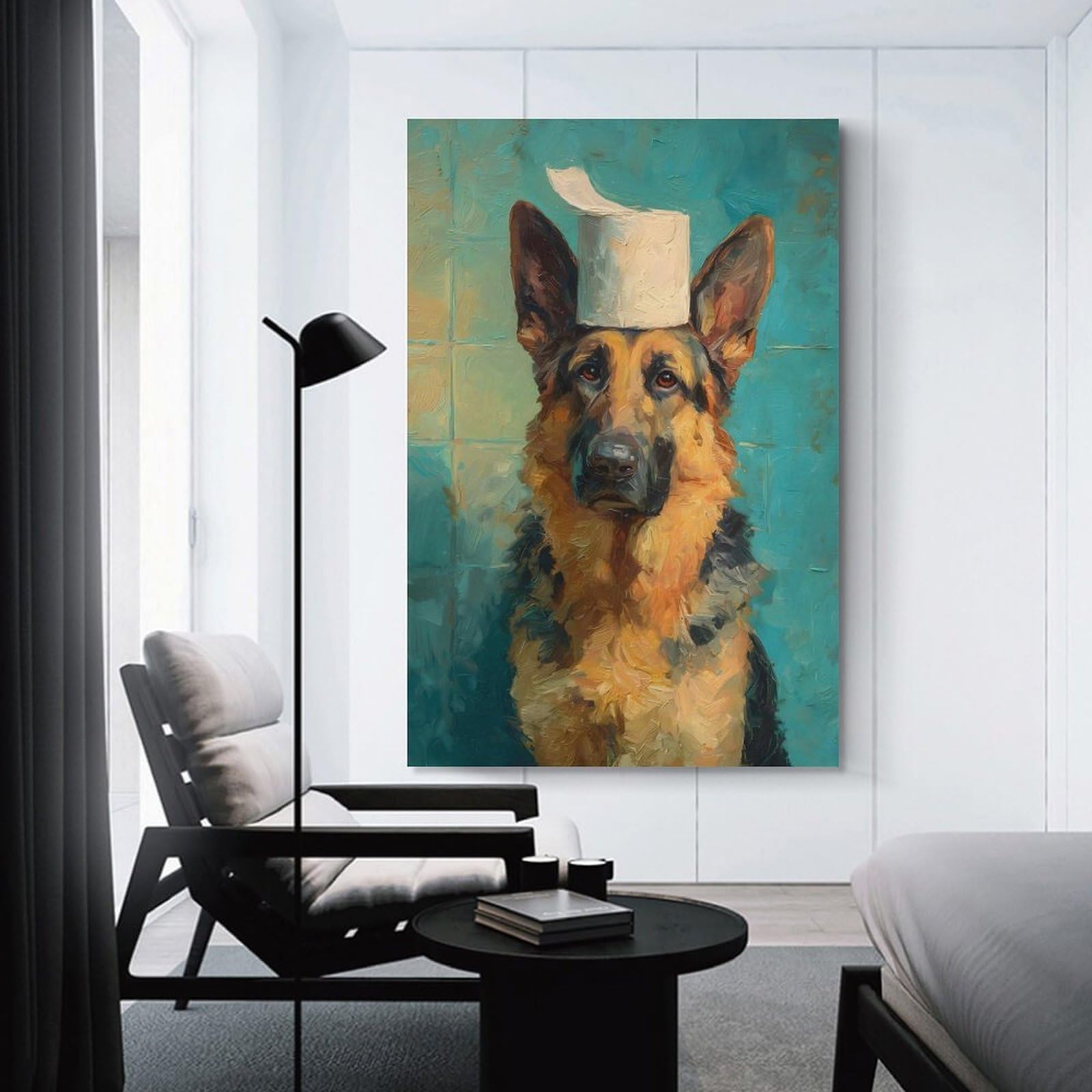 Junmoney Canvas Wall Art German Shepherd with Toilet Paper Hat, 20x30inch(50x75cm), for Gallery Wall Decor And Room Displays, Decorative Artwork with Flexible Styling
