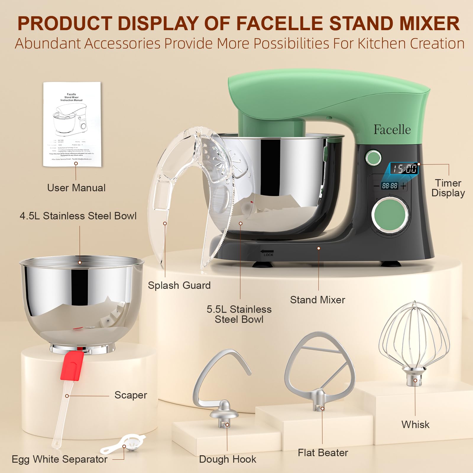 Küchenmaschine Knetmaschine 1500W | Facelle 5,5L &4,5L Teigmaschine Rührmaschine | Geräuscharm| 10+P Teigknetmaschine mit Rührhaken, Knethaken, Schneebesen und Spritzschutz