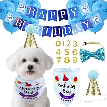 Dog Birthday Hat Bandana Set, Puppy Birthday Decorations with Flags, Bow Tie and Balloons Party Supplies for Small Medium Large Dogs Pets, Blue