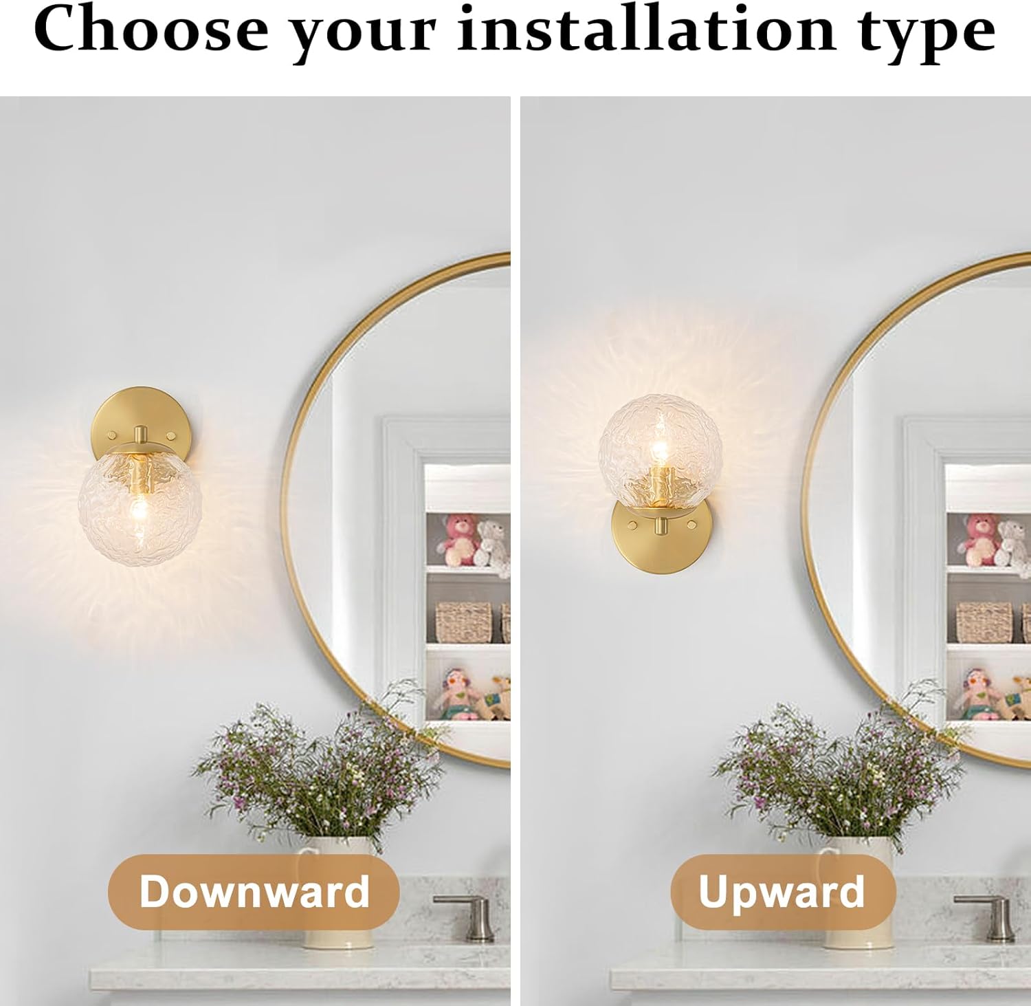 Gold Wall Sconce Set of 2, Gold Bathroom Sconces, Glass Wall Light with Ripple Globe Shade, Hardwired Wall Sconces for Vanity Hallway Bedroom Bedside Living Room Stairs Kitchen (E12)