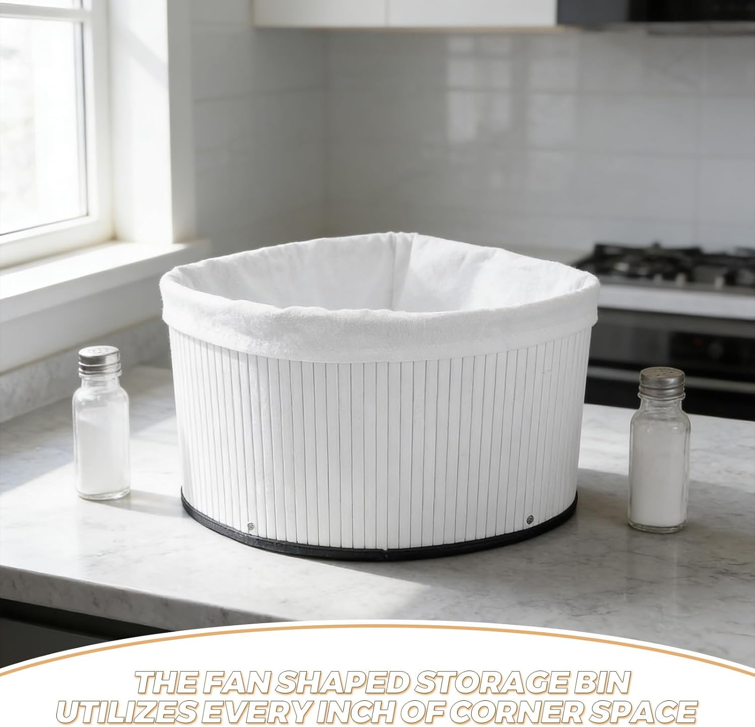 Healifty Triangle Bamboo Basket with Liner - Corner Storage Basket - Open Woven Organizer for Shelves Pantry Counter Closet Home Office 10.2 x 8.7" White