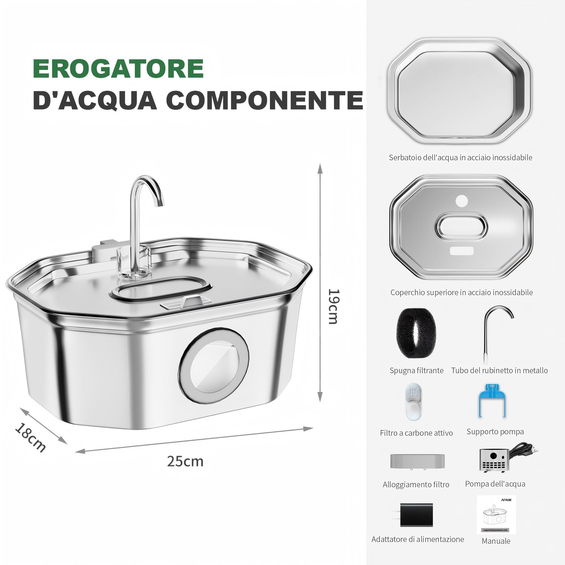 Fontanella per gatti,Apauk 3.2L fontanella per gatti acciaio Inox, fontana per Cani piccoli,Ultra silenziosa,con finestra LED, Sistema di filtraggio multistrato (S con 2 filtri & 2 spugne)