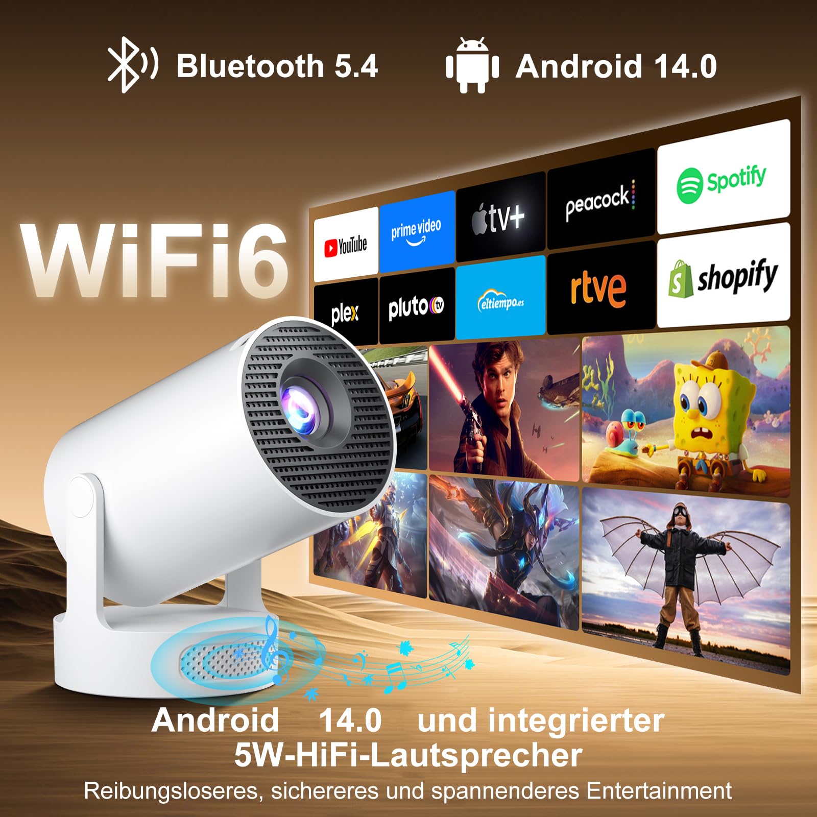 Videoproiettore portatile 2025, mini proiettore supporta 4K 1080P con WiFi 6 e Bluetooth 5.4 Android 11.0 180° rotazione 12000 lumen, altoparlante HiFi 5W integrato Home Cinema,bianco