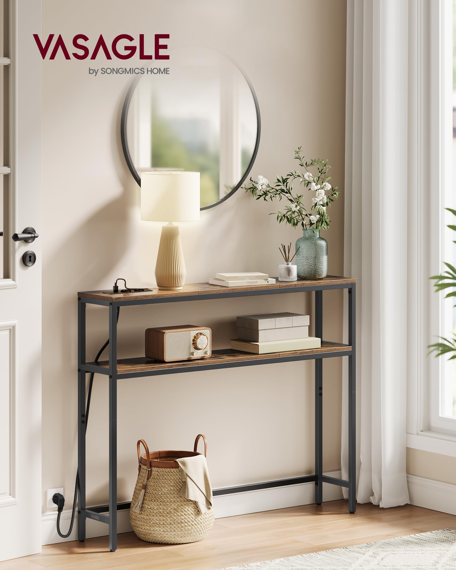 VASAGLE Mesa de Consola de 2 Niveles con Enchufe, Mesa Auxiliar con 2 Estantes, 20 x 100 x 80 cm, para Sala de Estar, Pasillo, Recibidor, Marrón Rústico y Negro Tinta LNT136KD01