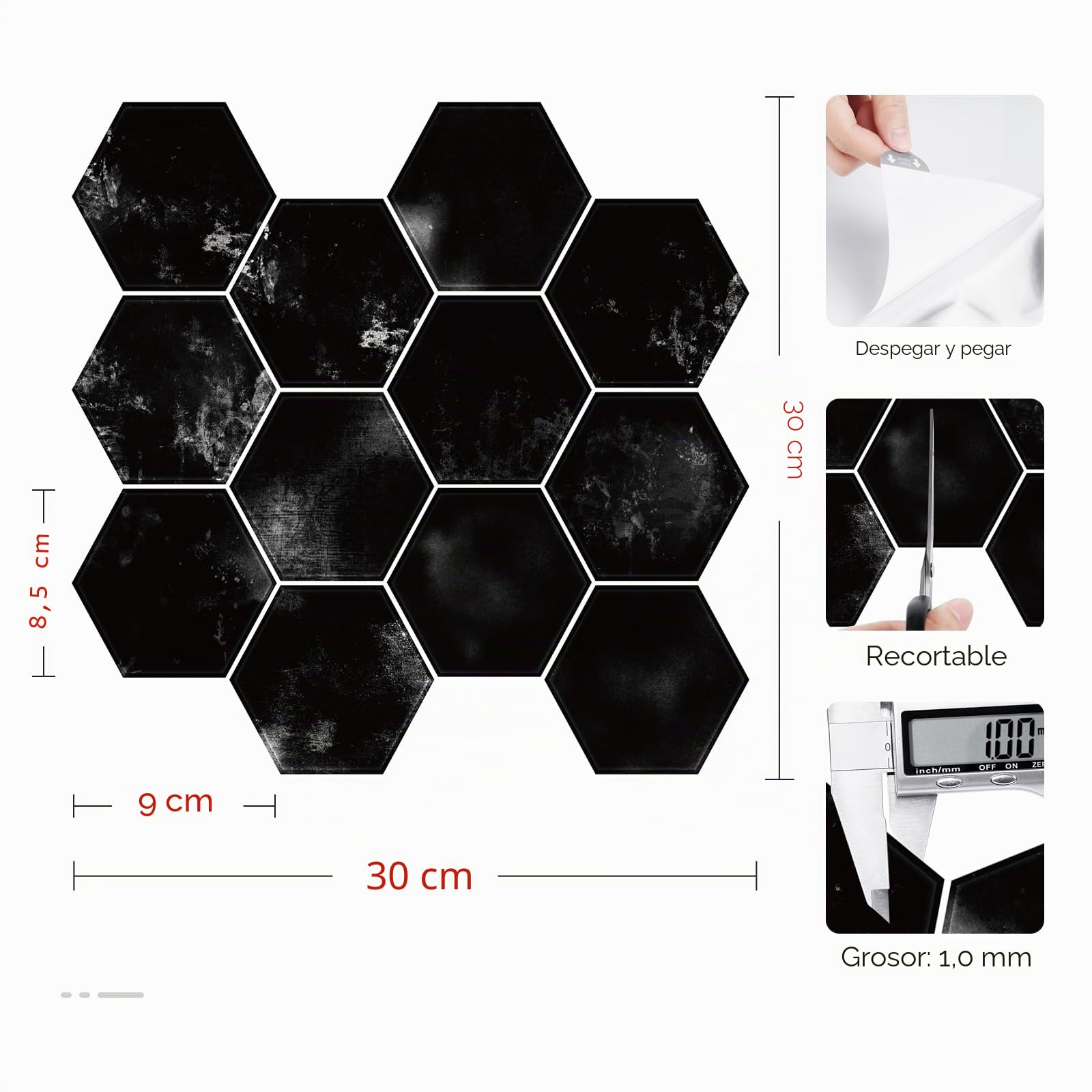 Livelynine Azulejos Adhesivos Baño Cocina 3D Baldosas Adhesivas Pared Negro Hexagonal Vinilo Pared Cocina Azulejos Oscuro 30x30CM 16-Losetas Vinilos Baño Azulejo 3D Resistentes al Agua Efecto Marmol