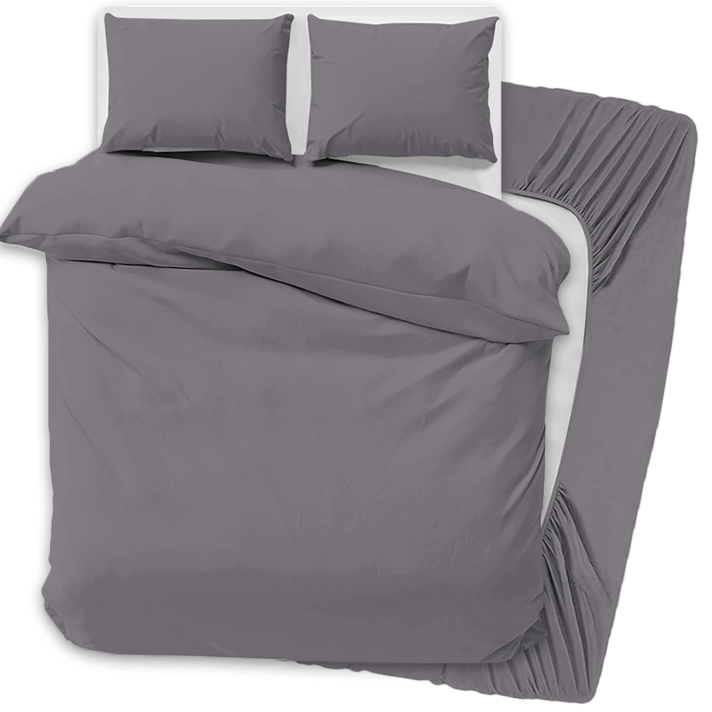 PRIME LINENS 4 Pcs Duvet Cover Set with Matching Fitted Sheet 30 cm Deep - Soft Breathable Premium Microfibre Quilt Cover Bedding Set (Silver/Grey, Super King)