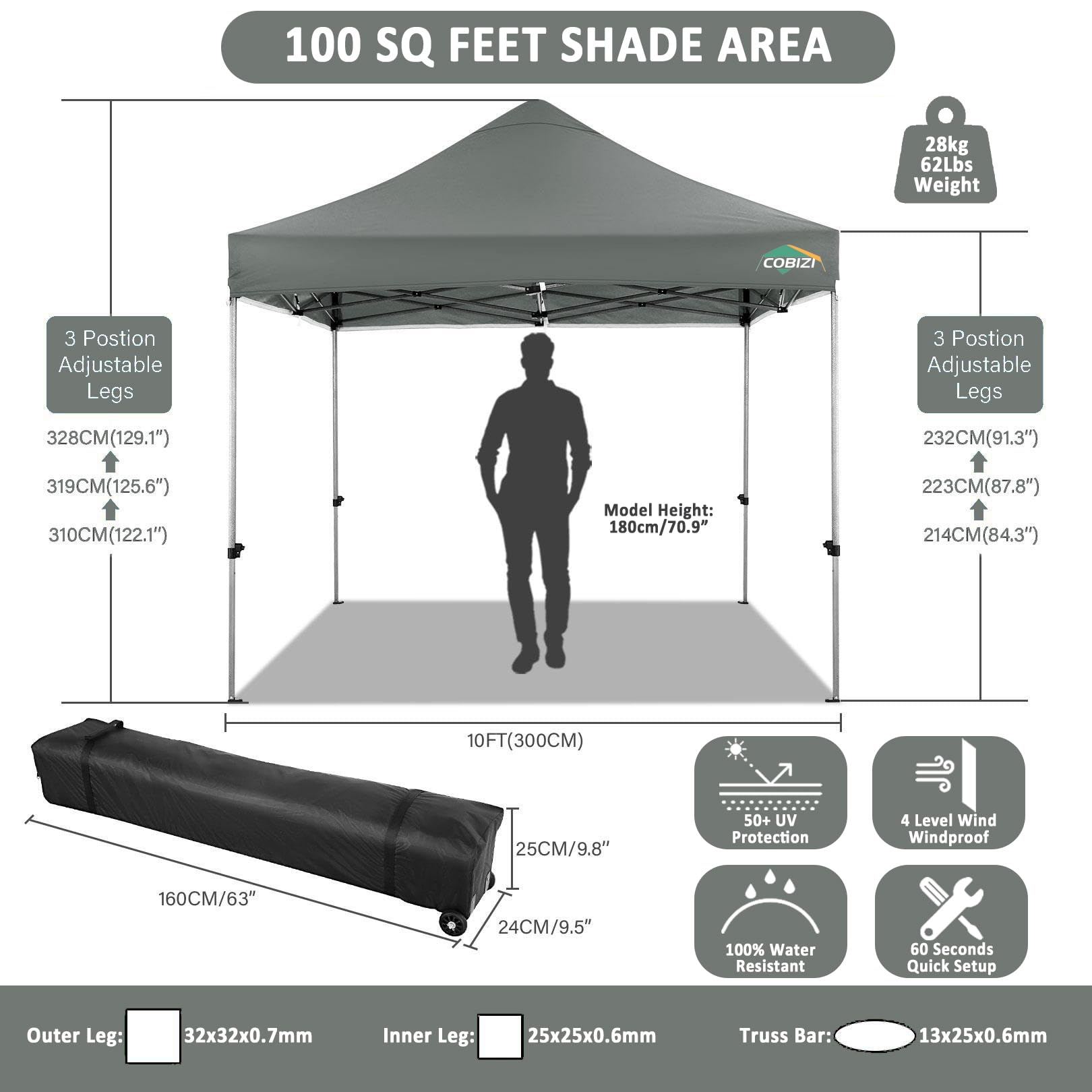 COBIZI Pavillon 3x3 Wasserdicht Stabil Winterfest mit Seitenwand,Grau | Pop Up Zelt Faltpavillon,Sonnenschutz Pavillion Klappbar Zelte,Gartenparty Strand Hochzeit,Pavilion Faltbar mit Tasche Rollen