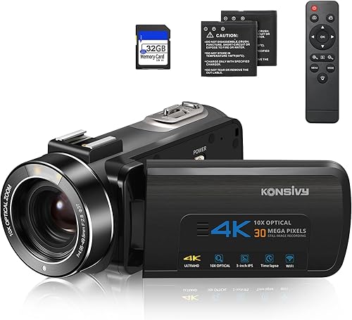 KONSIVY Videocámara con zoom óptico 4K 10X con enfoque automático, cámara digital IPS de 3.0 pulgadas, cámara de vlogging de 30MP, WiFi, control disponible en Yaxa Venezuela