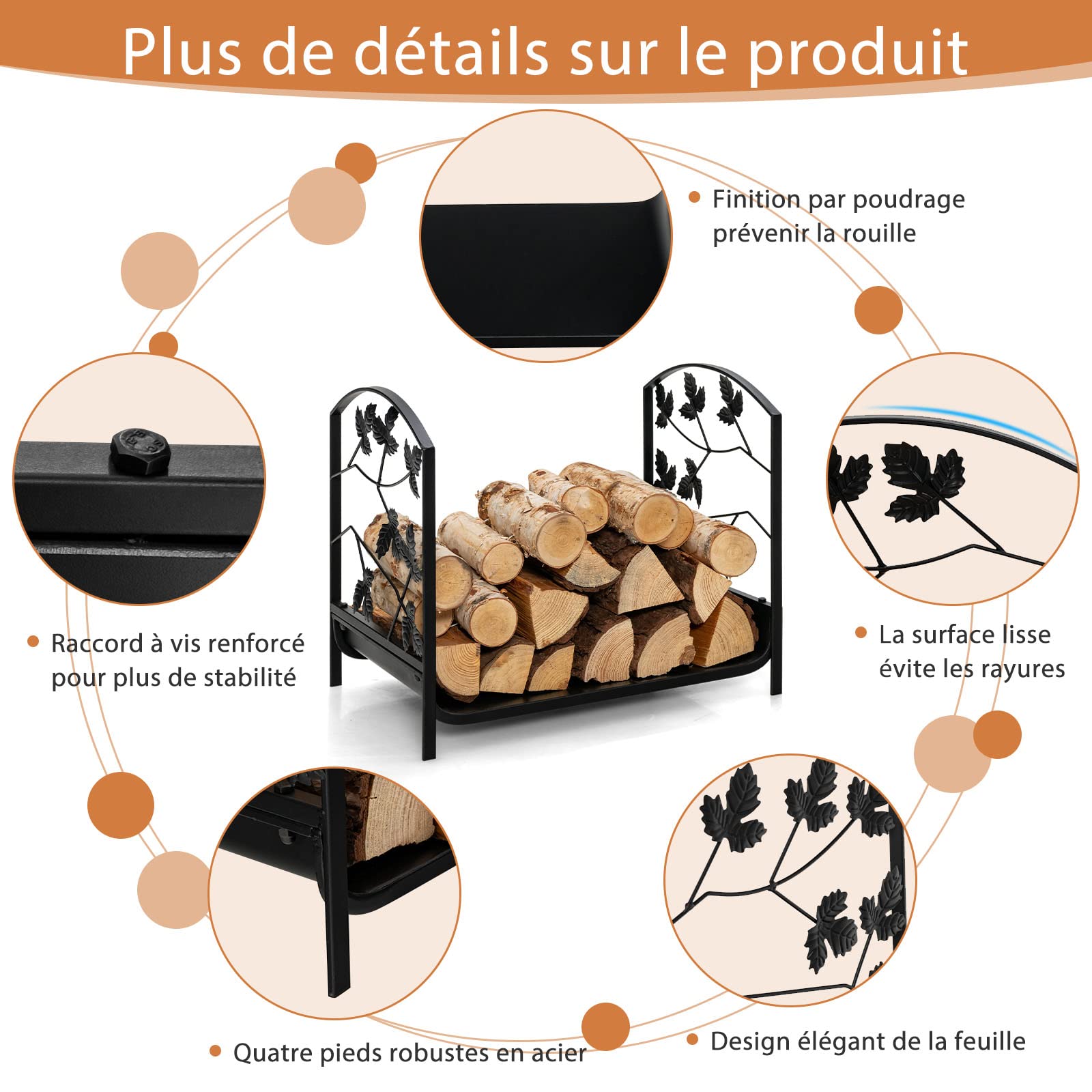 GOPLUS Range Bûches Cheminée, Porte Bûches en Acier avec des Pieds Surélevés, Motifs Feuilles Élégants, Charge 50 kg, Intérieur Extérieur 48 x 34 x 41 cm - 5