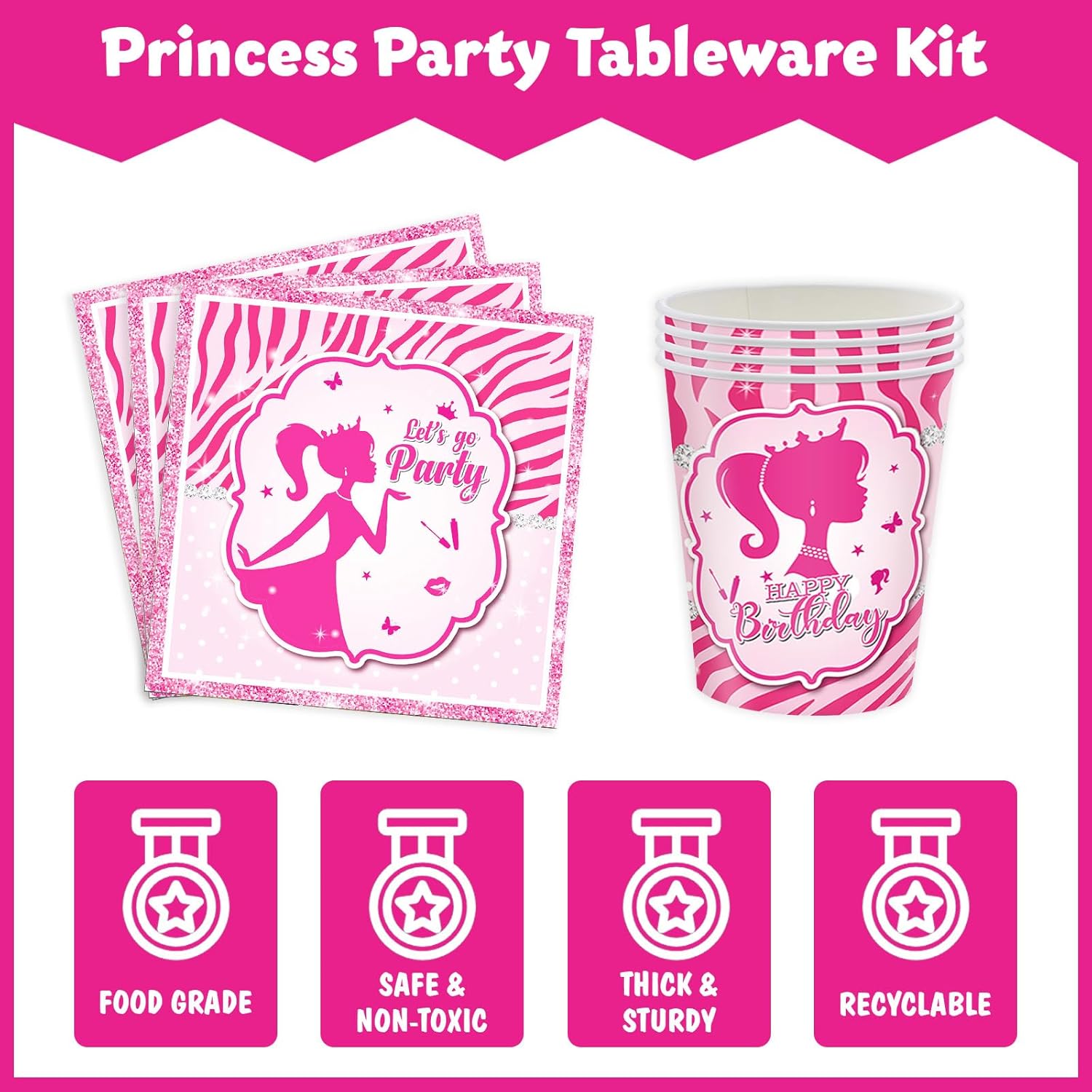 Pink Princess Party Supplies Kit for 24 Guests - 168 Pcs Disposable Tableware Set Includes Plates, Napkins, Cups & Cutlery for Girls Birthday Party Decorations - Image 3