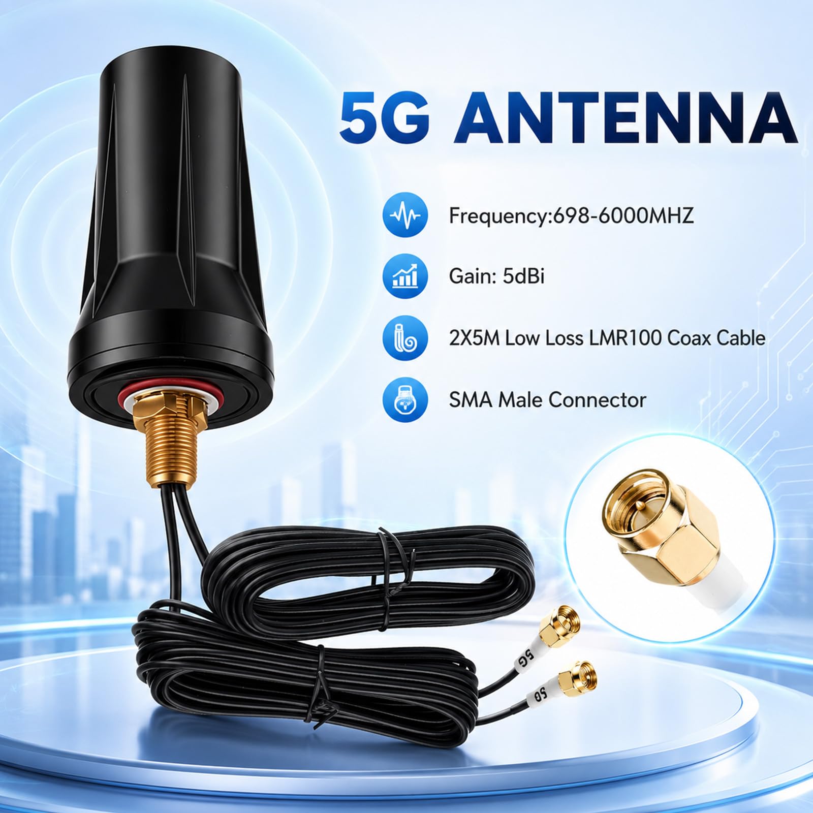 Antenne MIMO 5G LTE pour extérieur, 600-6000 MHz, bande complète, omnidirectionnelle, 5 dBi avec 2 câbles BMR100 de 5 m, compatible avec adaptateur SMA, double antenne pour routeur, amplification du
