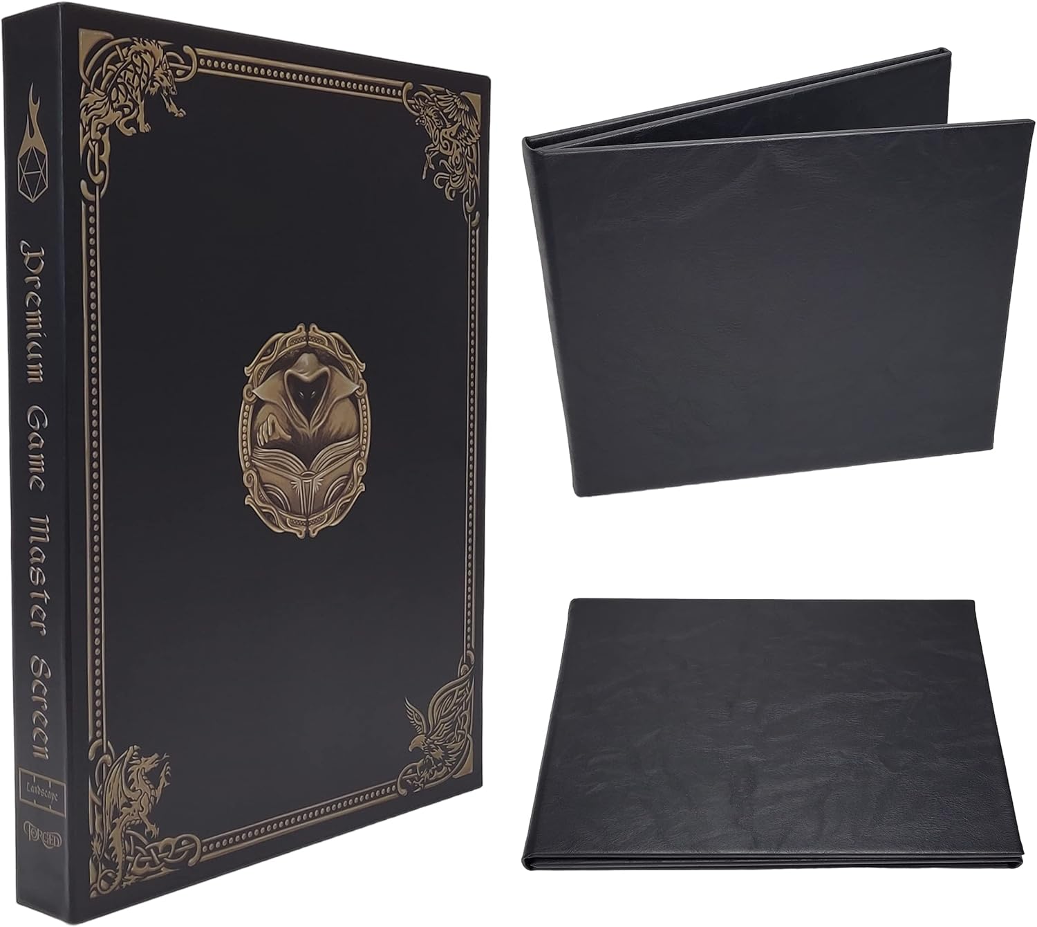 Game Master Screen - 38.5in Landscape DM Screen Compatible with Dungeons and Dragons and Other TTRPG - Faux Dragon Skin with Clear Dry Erase 8.5 x 11 Pockets - Slipcase Stores with DND Books - Black
