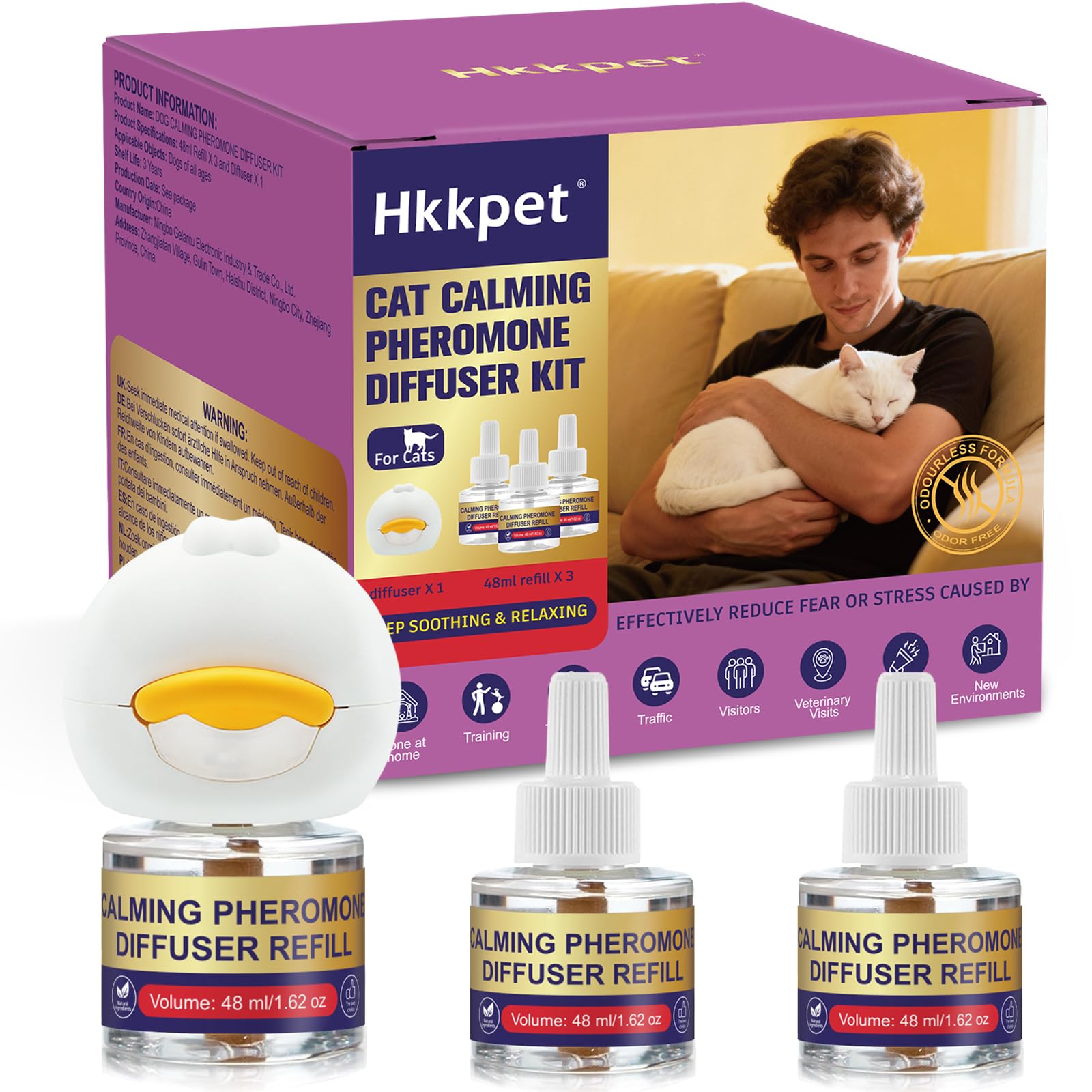 Difusor de Feromonas Calmantes para Gatos, Reduce Estrés, Ansiedad y Arañazos, Ayuda a Disminuir la Agresividad y Conflictos entre Gatos, Apto para Todos los Gatos, 1 Difusor + 3 Recargas de 48 ml