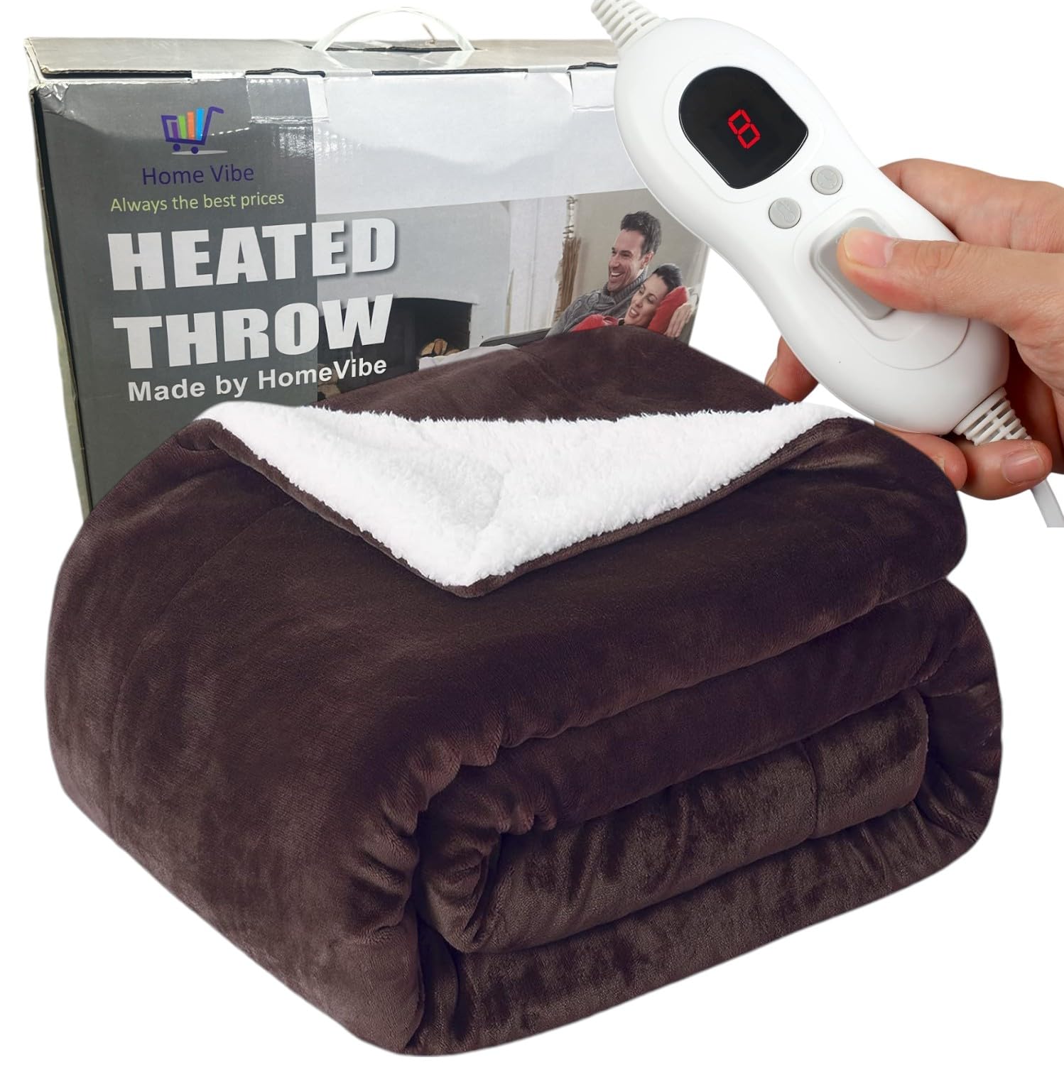 HomeVibe Heated Throw Blanket - Brown, Soft Electric Fleece with 8 Heat Settings, Fast Heating & Overheat Protection, Machine Washable, Ideal for Sofa or Bed (130cmx160cm)