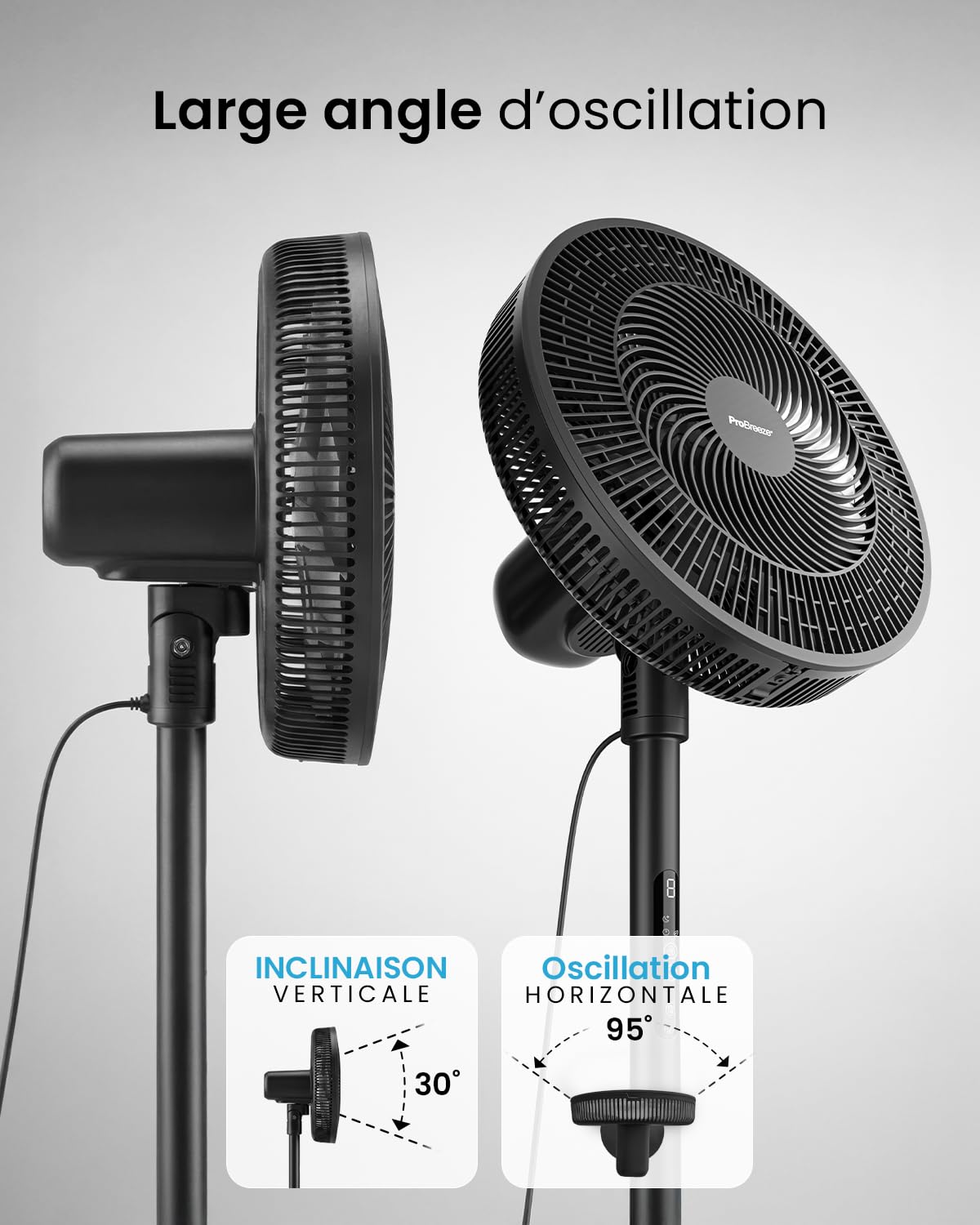 Pro Breeze AirFlo Slim – Ventilateur sur Pied 109 cm Silencieux & Puissant, 9 Vitesses, Oscillation 95°, Hauteur Réglable 70-130 cm, Télécommande, 3 Modes, Basse Consommation, Chambre, Bureau & Salon