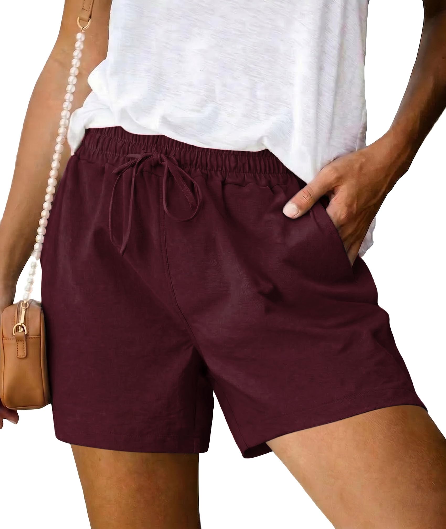 Terecey Kurze Hose Damen Sommer Leinen Freizeithose Beach Bermuda Shorts | Locker mit Elastikbund, Kordelzug Und Seitentaschen, 49 % Rayon/17 % Nylon/34 % Polyester, für Alltag Urlaub Freizeit Sport