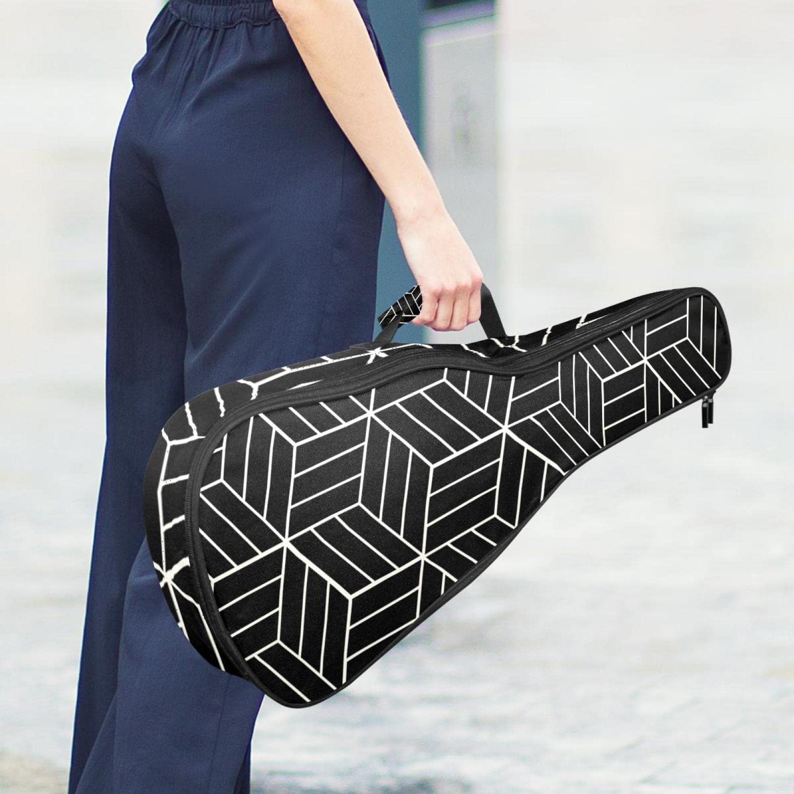 Sac à dos robuste pour ukulélé de concert - Sac de rangement pour ukulélé soprano - Sac rembourré de 10 mm - Motif géométrique noir d'inspiration japonaise