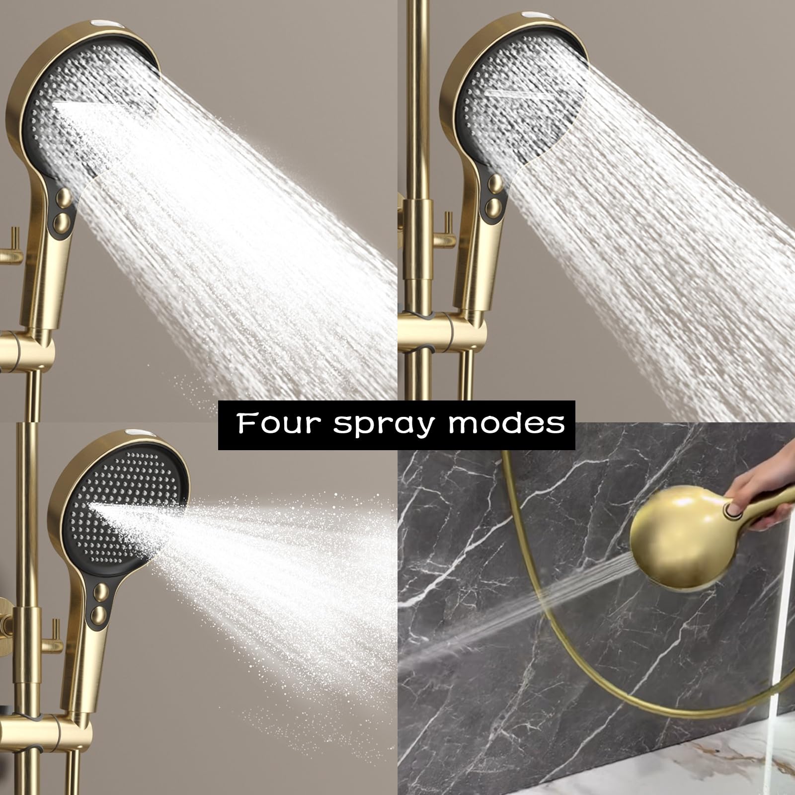 Gebürstetes Gold Duschsystem Regendusche mit Armatur, Höhenverstellbar Duscharmatur Komplettset mit 32.5cm Kopfbrause, 4-Strahl Handbrause Duschset inkl Brausestange und Schlauch
