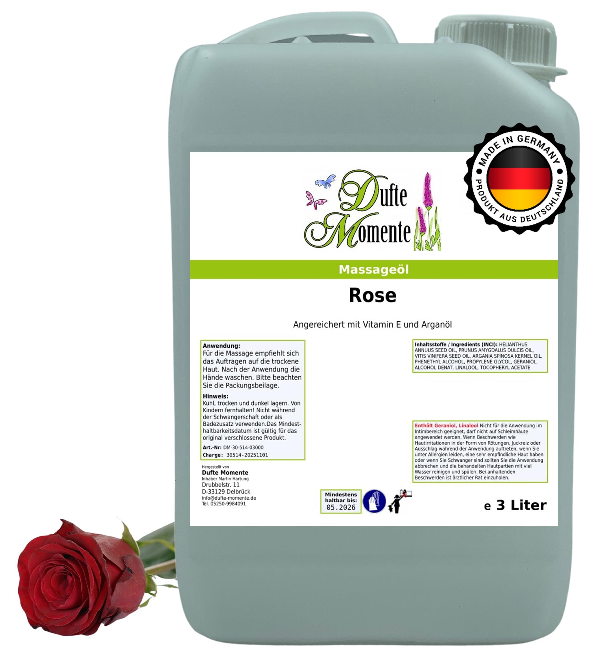 Dufte Momente Massageöl Rose – 3 Liter – Paraffinölbasis – zarter Rosenduft – professionelle Gleitfähigkeit – ideal für Wellness, Massage & Studio – Made in Germany