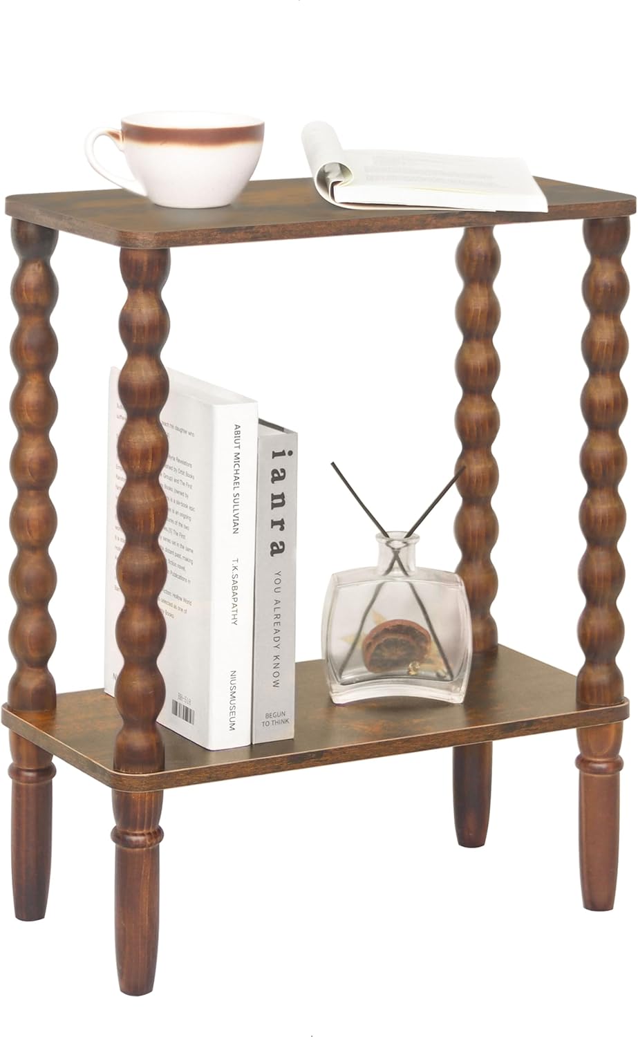 Fultyle Small Narrow Side Table, Skinny End Table Living Room with 2-Tier Storage, Narrow Accent Table Slim Nightstand for Small Spaces, Office, Bedroom (Walnut Brown)