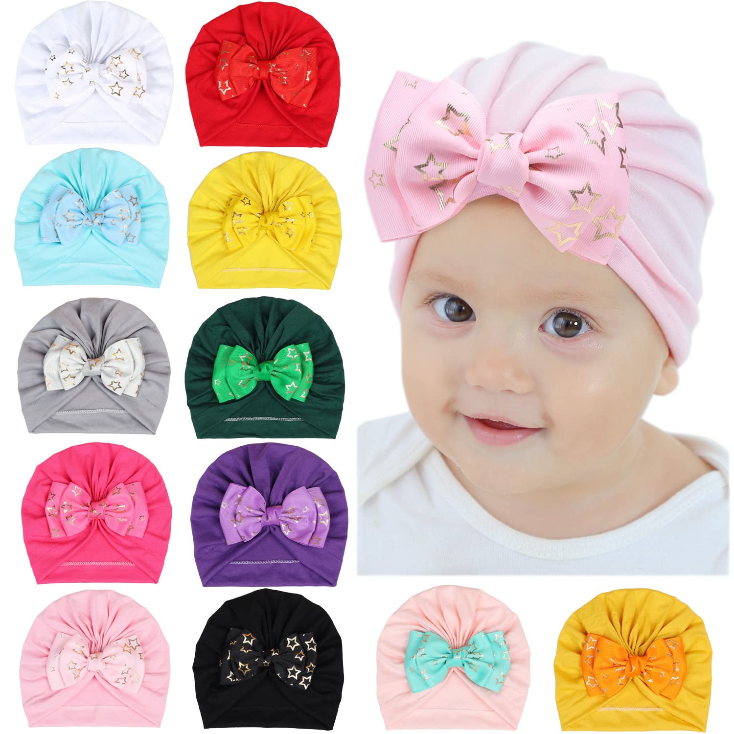 Baby Girl Turban Hats, 12PCS Soft Baby Turban Hats for Baby Girl, Cute Newborn Hospital Hat with Bow for Toddler Infant Girls