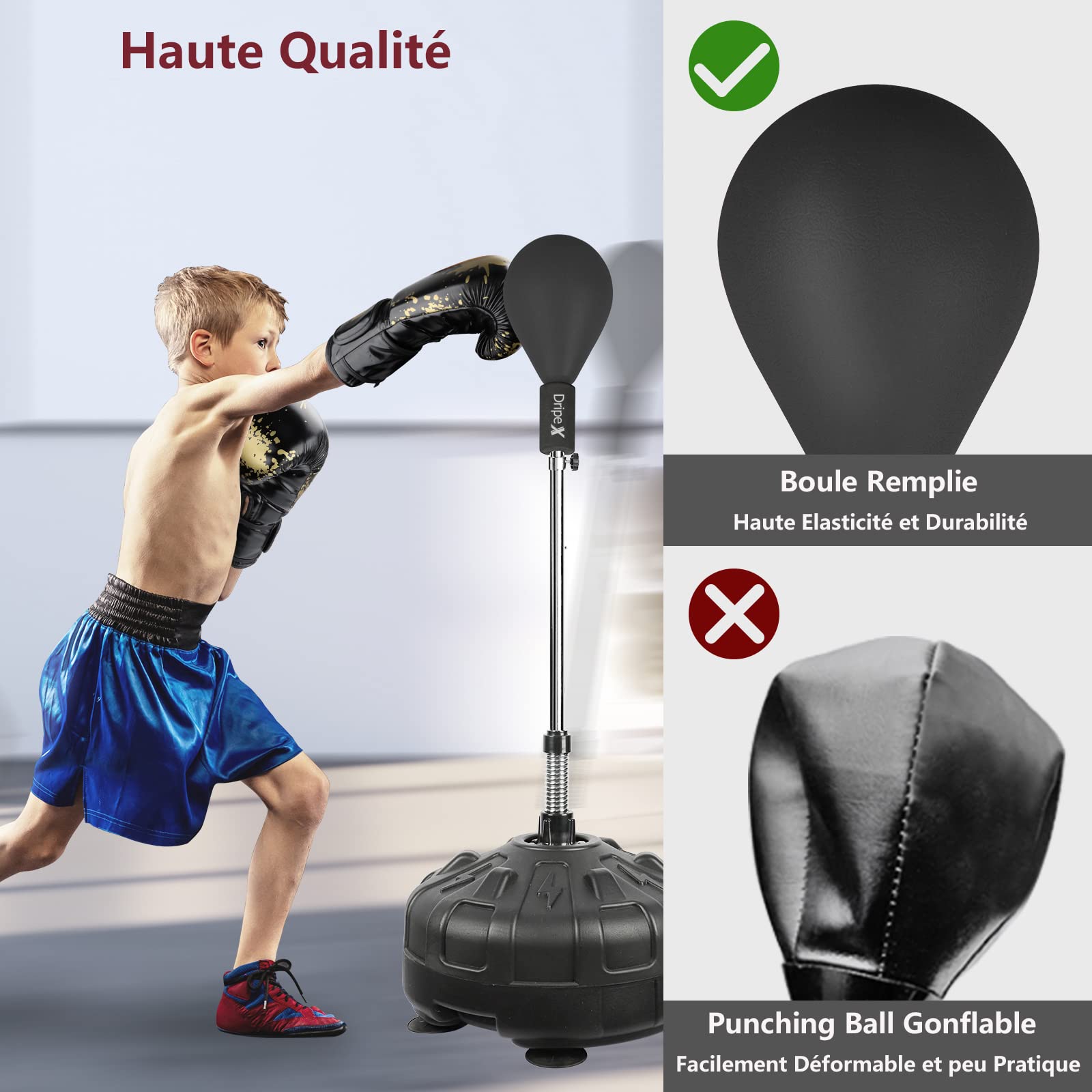 Dripex Punching Ball sur Pied Sac de Frappe Boxe Adolescent avec 6 Ventouses Hauteur Réglable 135 à 155 cm