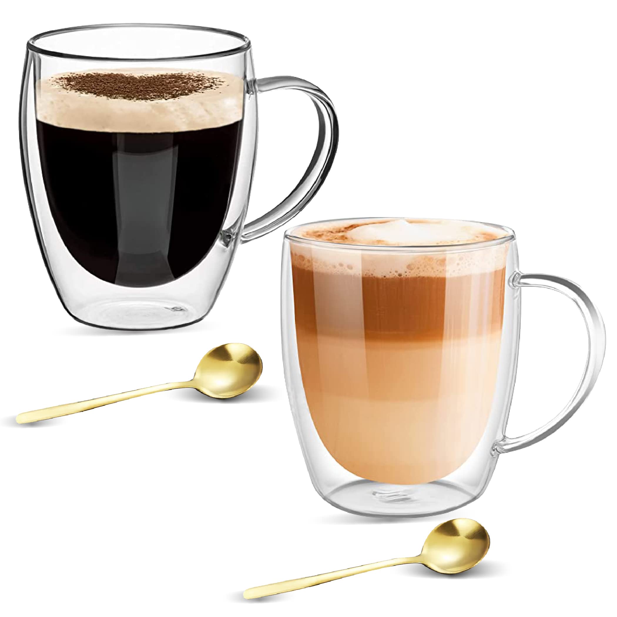 (Pack Of 2) Coffee Glass Cup - Double Walled Coffee Mug - Iced Tea Cup - Insulating Mugs with Handle - Clear Borosilicate Mugs with 2 Golden Stainless-Steel Spoon (350 ml) (2)