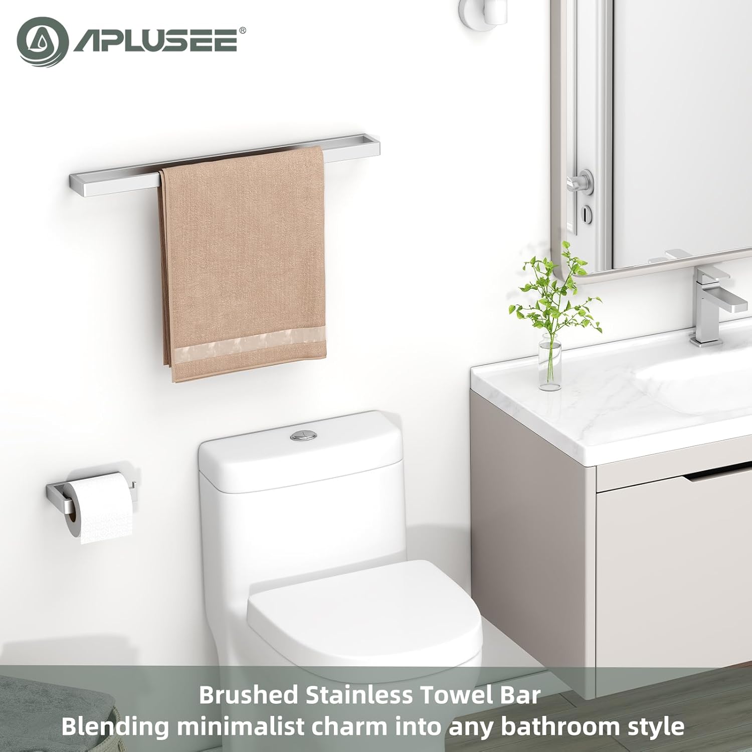 APLusee Square Towel Bar Brushed Nickel, 22.8" 304 Stainless Steel Towel Rack for Bathroom Kitchen Wall Mounted, Rustproof & Heavy Duty Towel Holder