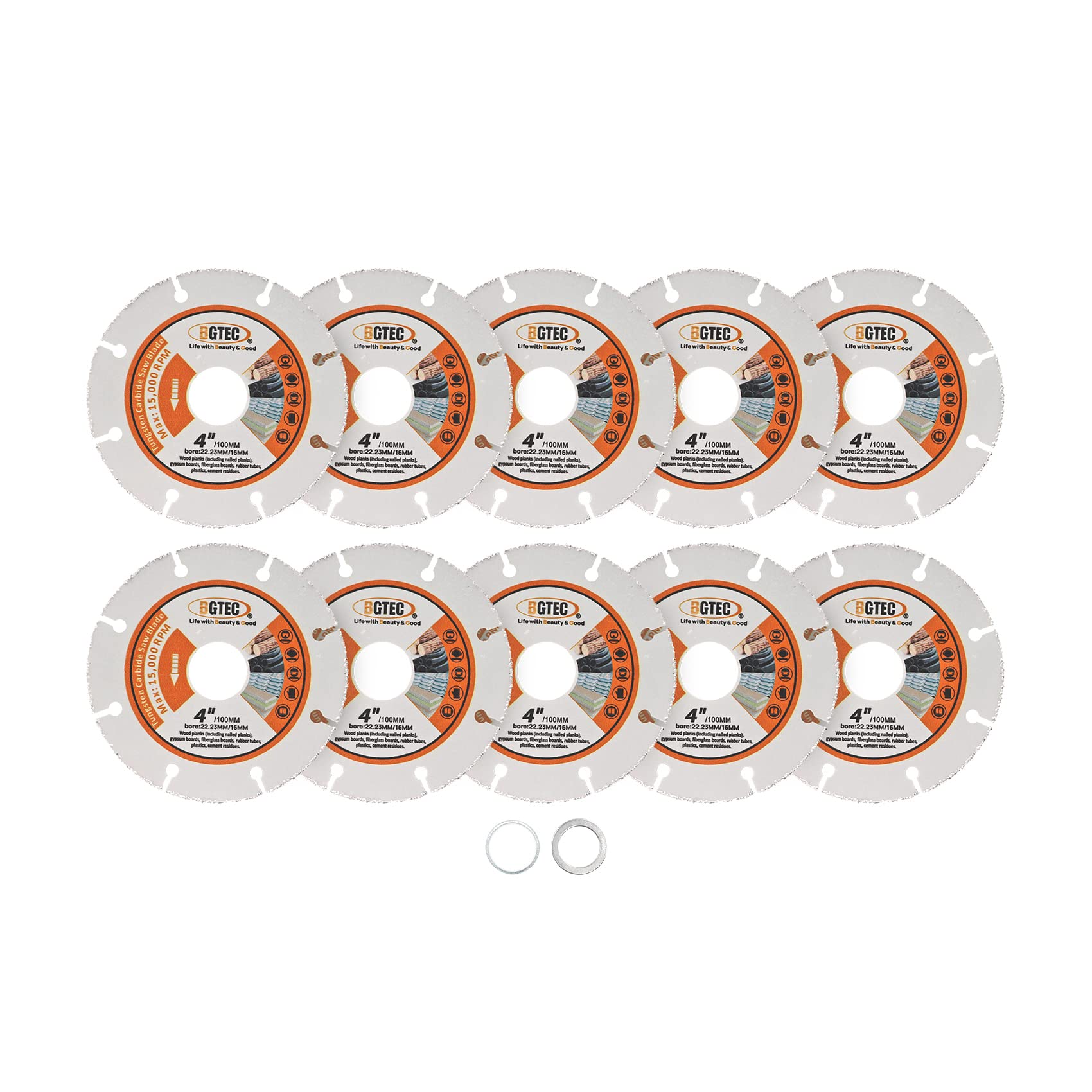 BGTEC Disco de corte de madera de carburo, 10 piezas de 100 mm de carburo soldado al vacío para tablero de madera, tablero de yeso, tubo de goma, plástico