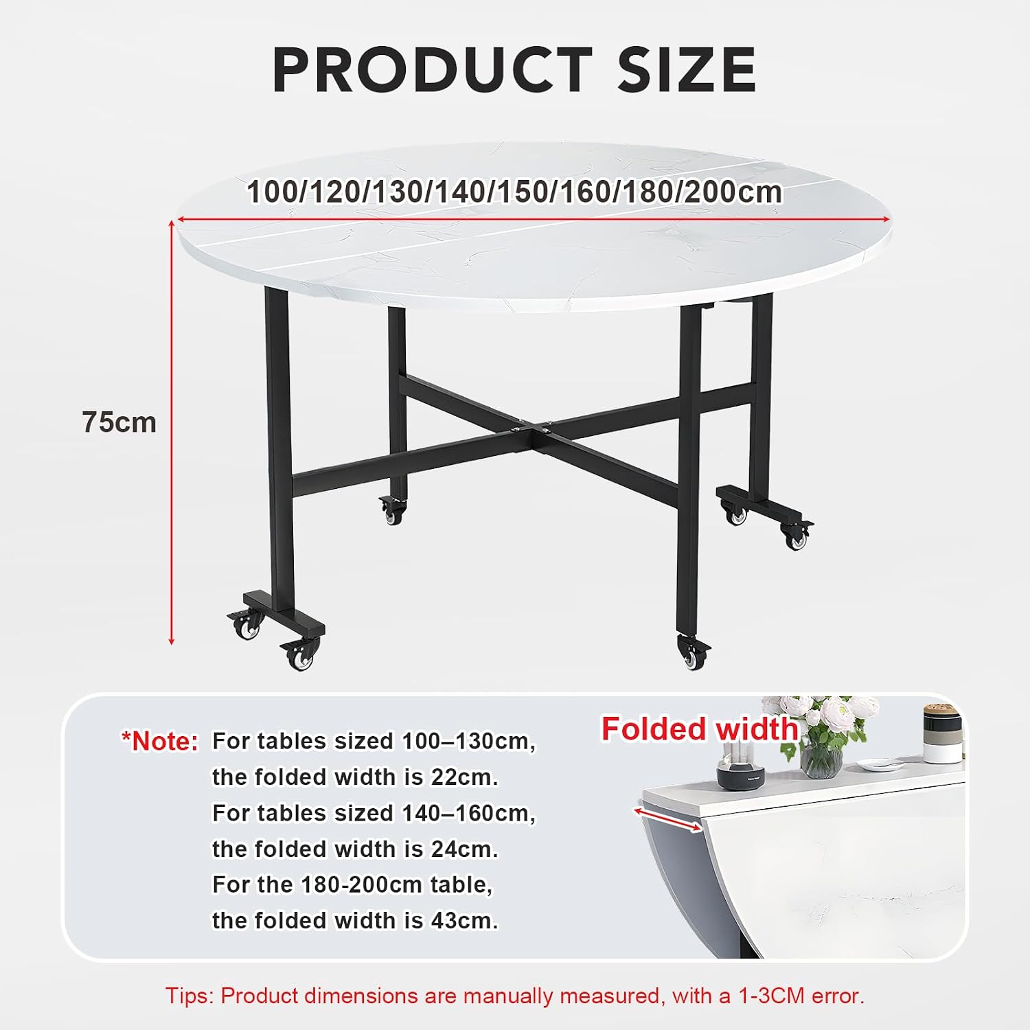 Drop Leaf Table, 47.2" Round Collapsible Dining Table for 6-8 People, Wooden Folding Dining Tables with 6 Wheels, Mobile and Stable, Space Saving, for Living Room, Farmhouse