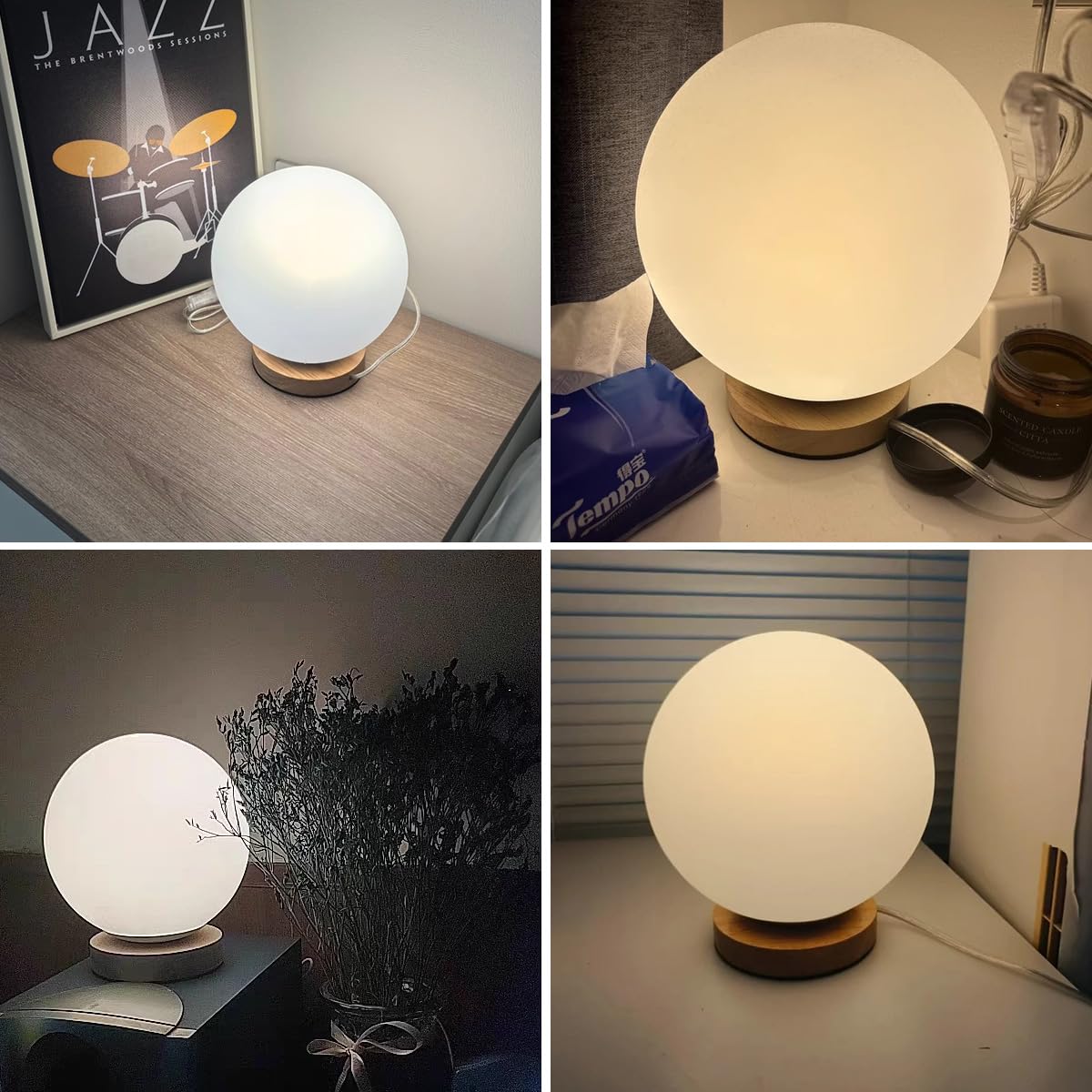 Lampada da Tavolo con Paralume A Sfera in Vetro Bianco, Dimmerabile, con Ricarica USB, Moderna Luce Notturna con Base in Legno Soggiorno, Arredamento per La Casa E Ufficio.